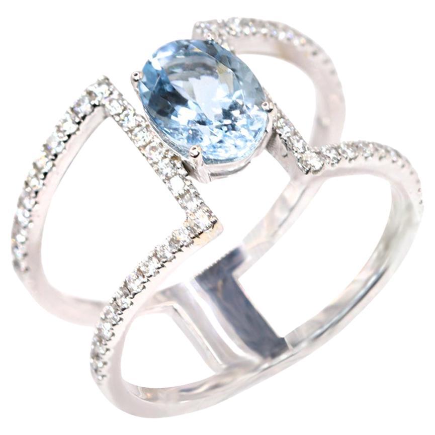Georgios Collections 18 Karat White Gold Aquamarine and Diamond Double Band Ring For Sale