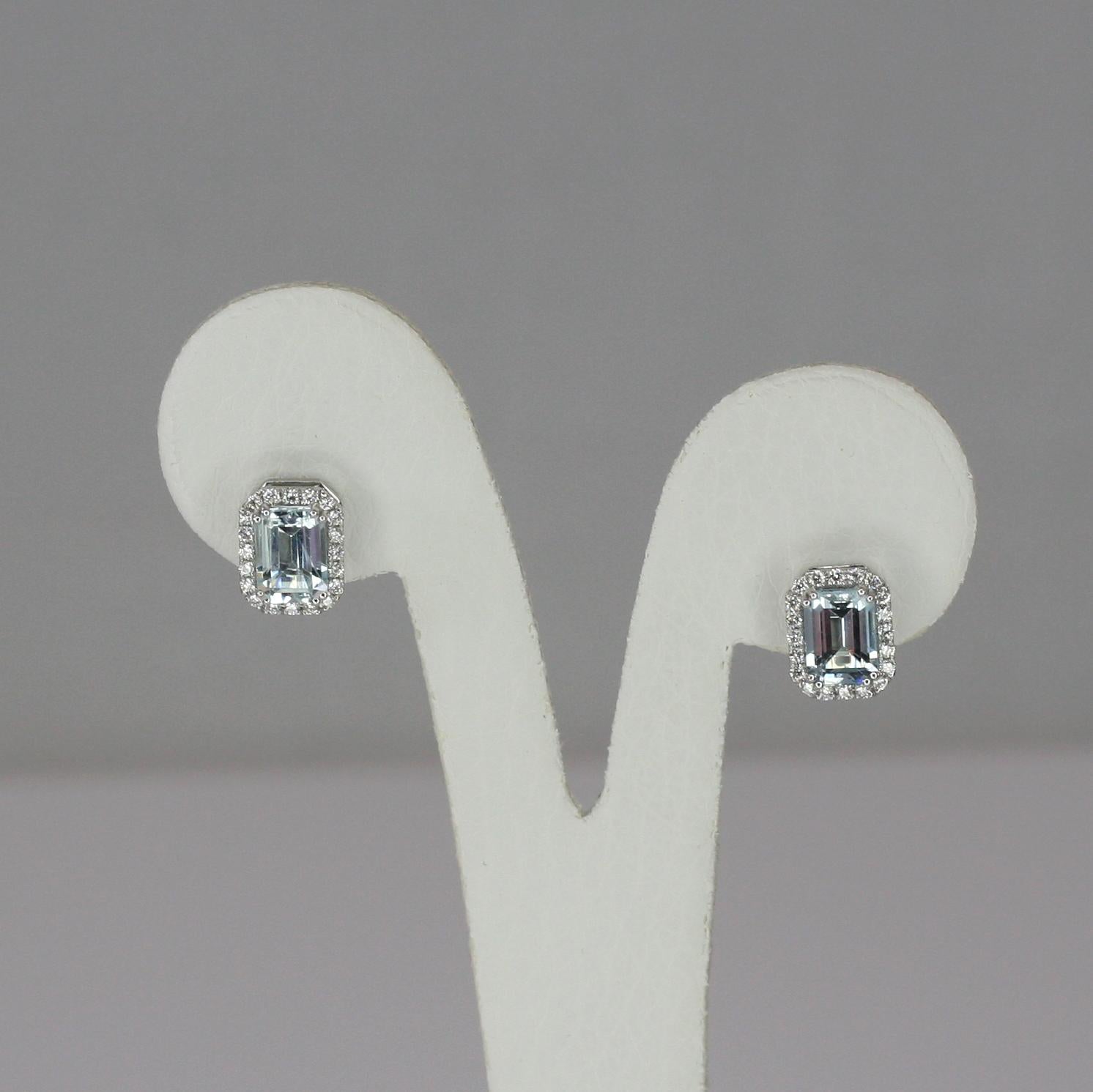 Emerald Cut Georgios Collections 18 Karat White Gold Aquamarine and Diamond Stud Earrings
