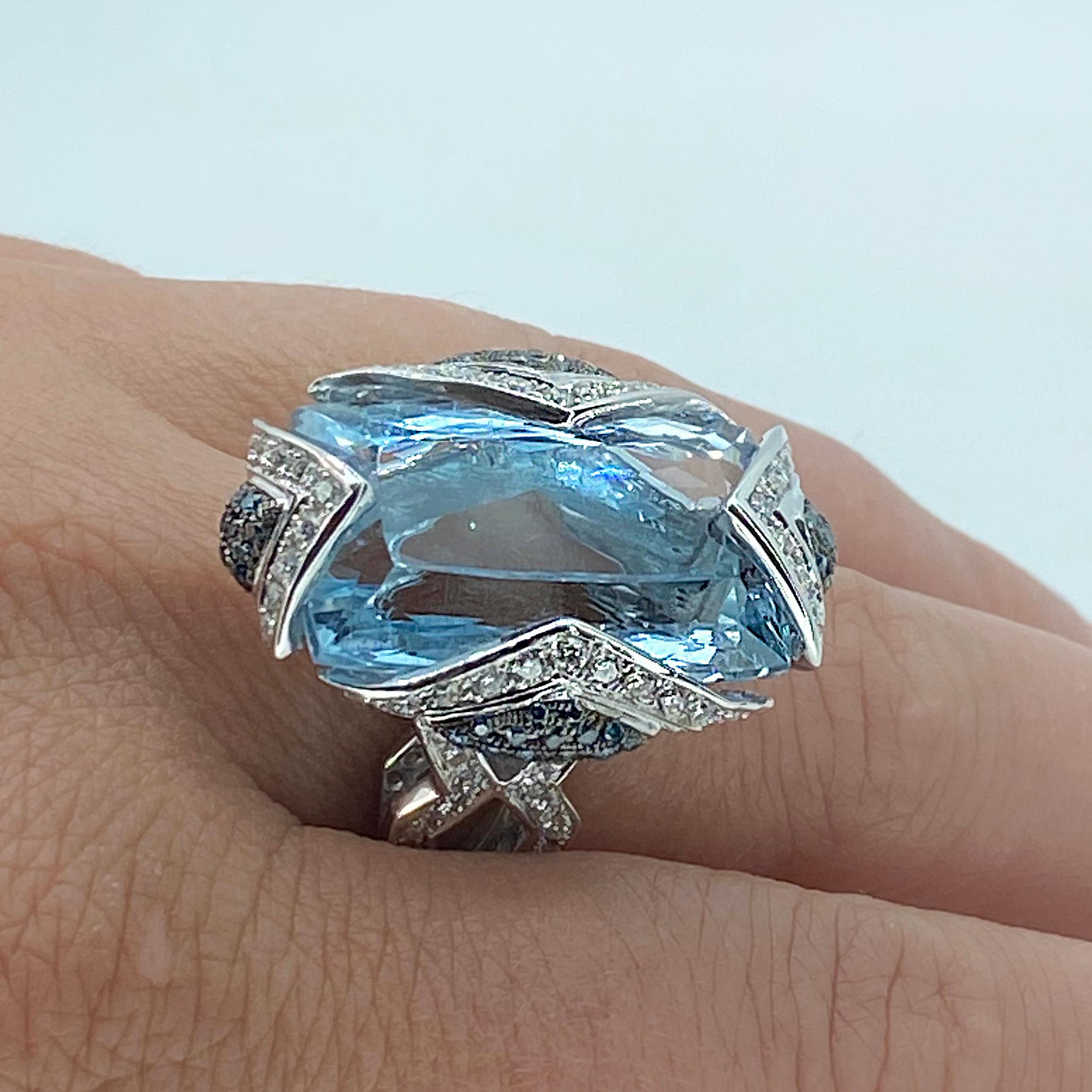 Georgios Collections 18 Karat White Gold Aquamarine Blue and White Diamond Ring For Sale 11