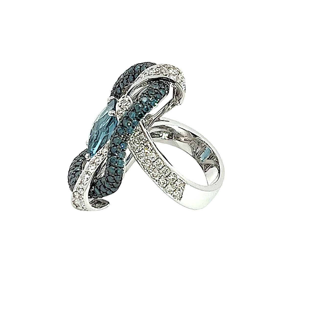 Women's Georgios Collections 18 Karat White Gold Aquamarine Blue and White Diamond Ring For Sale