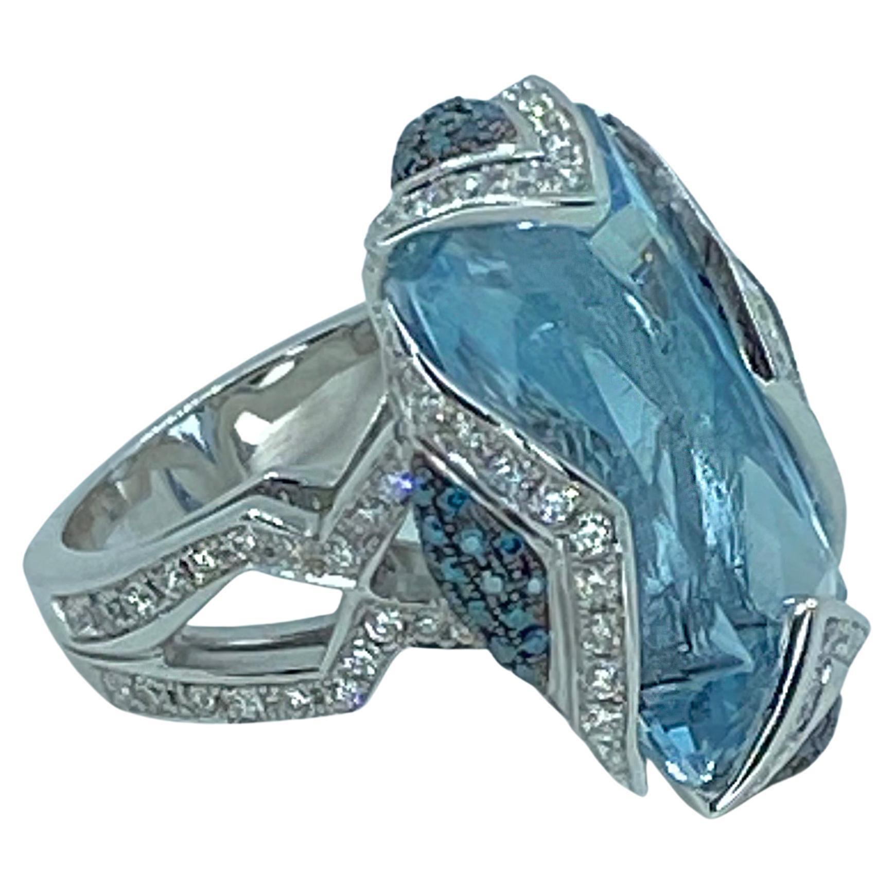 Georgios Collections 18 Karat White Gold Aquamarine Blue and White Diamond Ring For Sale
