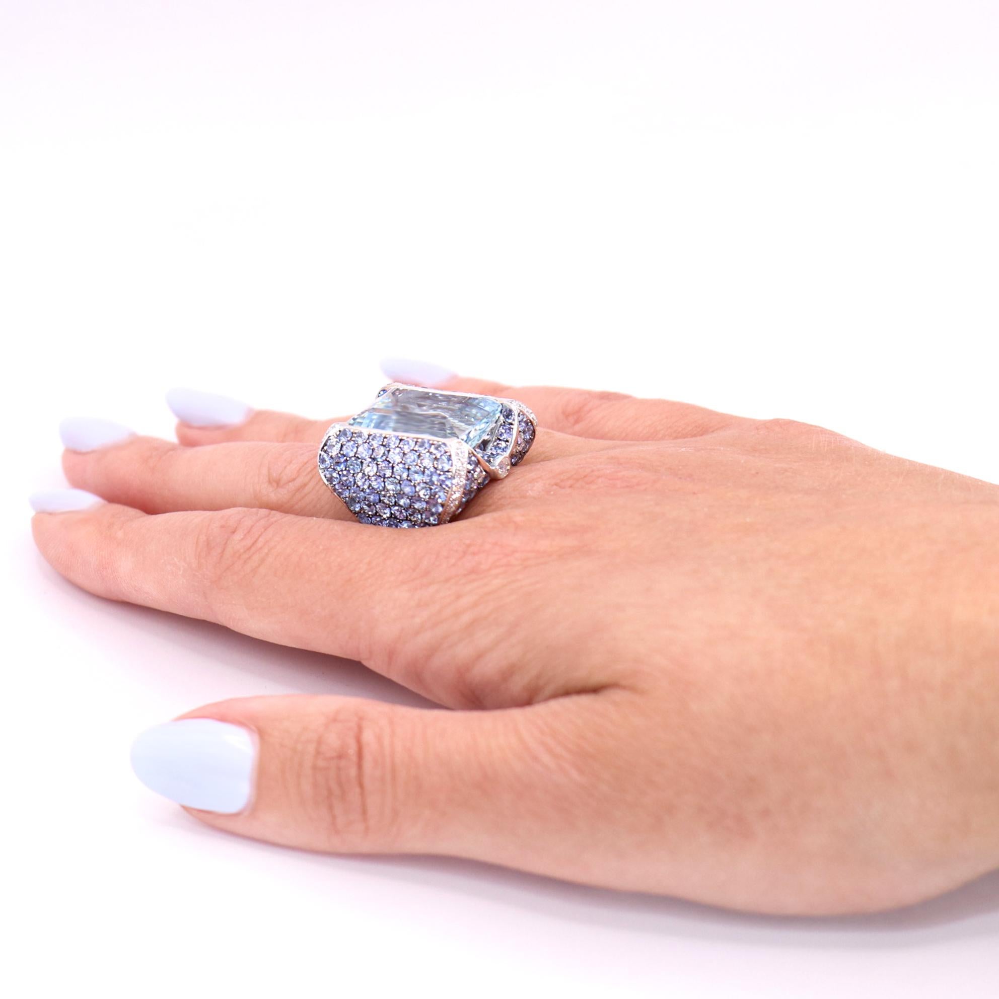 Georgios Collections 18 Karat White Gold Aquamarine, Sapphires and Diamonds Ring For Sale 4