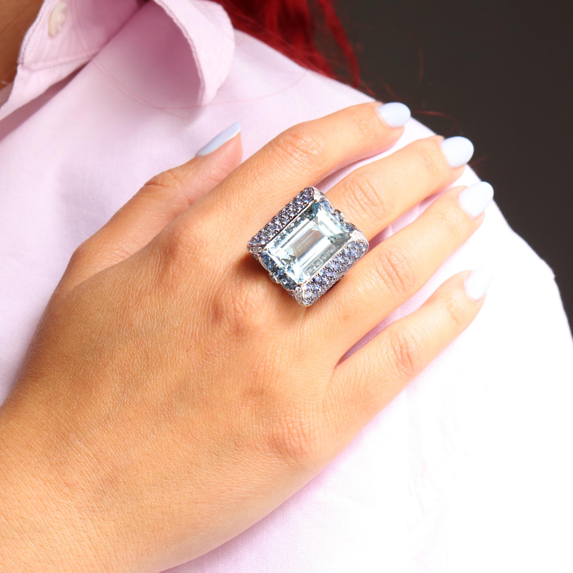 Georgios Collections 18 Karat White Gold Aquamarine, Sapphires and Diamonds Ring For Sale 6