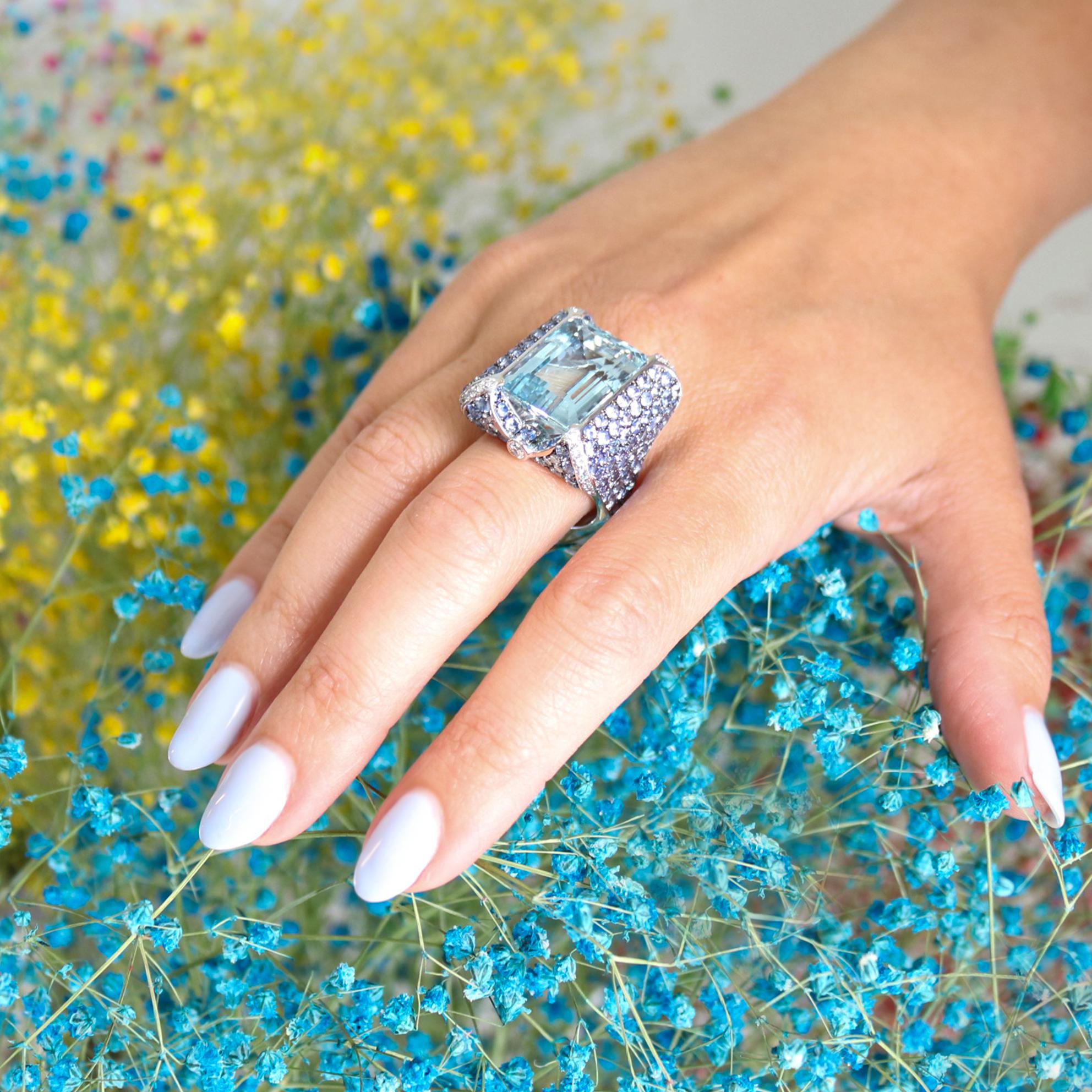 Georgios Collections 18 Karat White Gold Aquamarine, Sapphires and Diamonds Ring For Sale 7