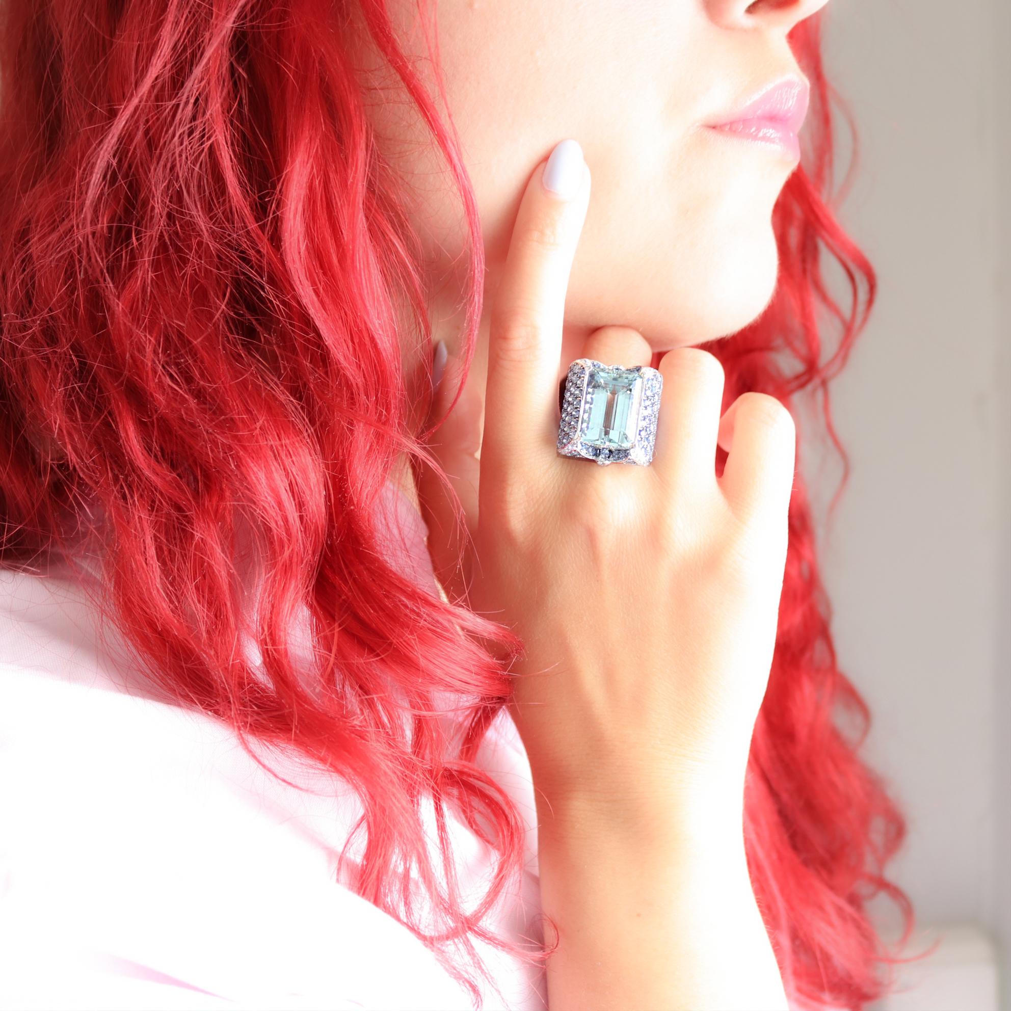 Georgios Collections 18 Karat White Gold Aquamarine, Sapphires and Diamonds Ring For Sale 8