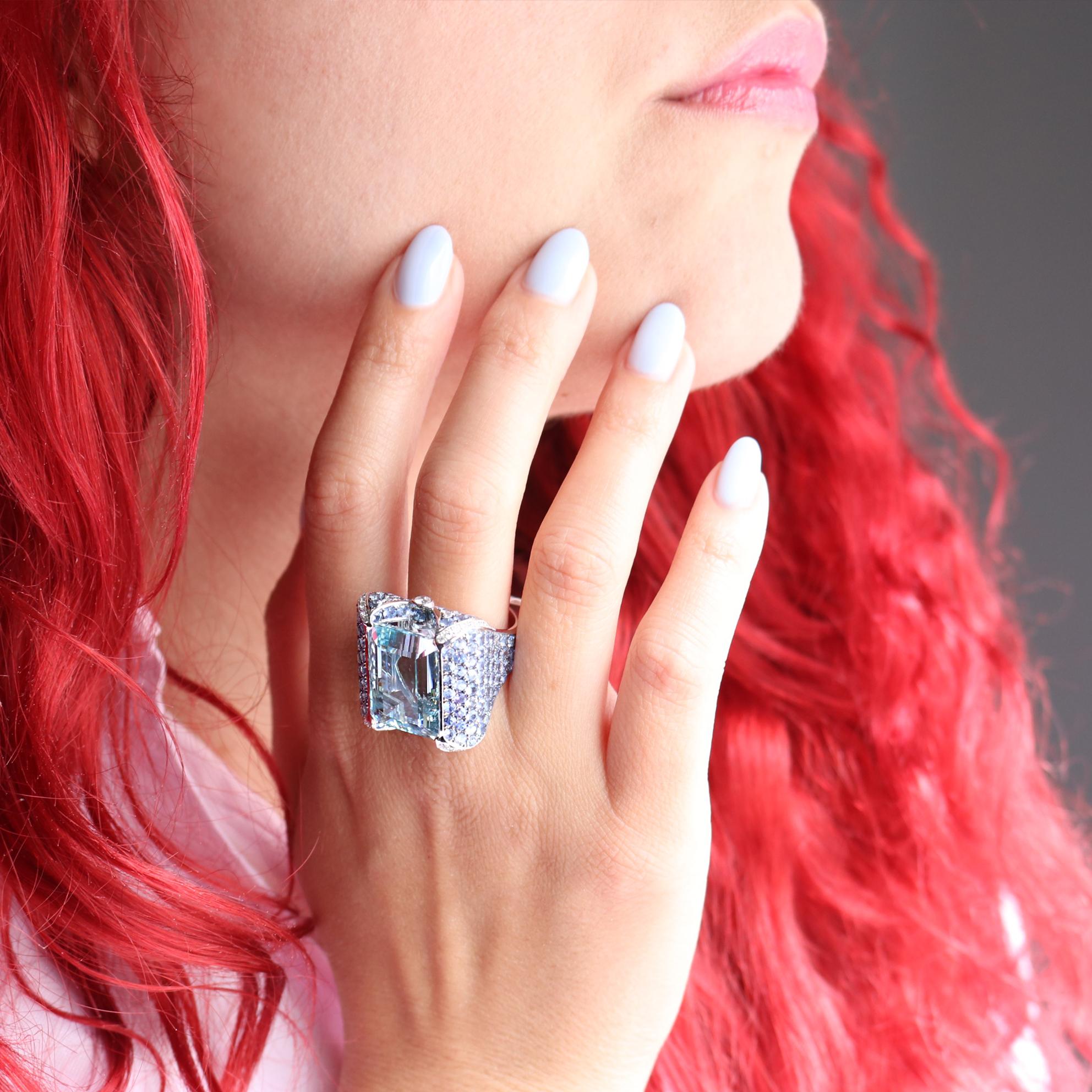 Georgios Collections 18 Karat White Gold Aquamarine, Sapphires and Diamonds Ring For Sale 9