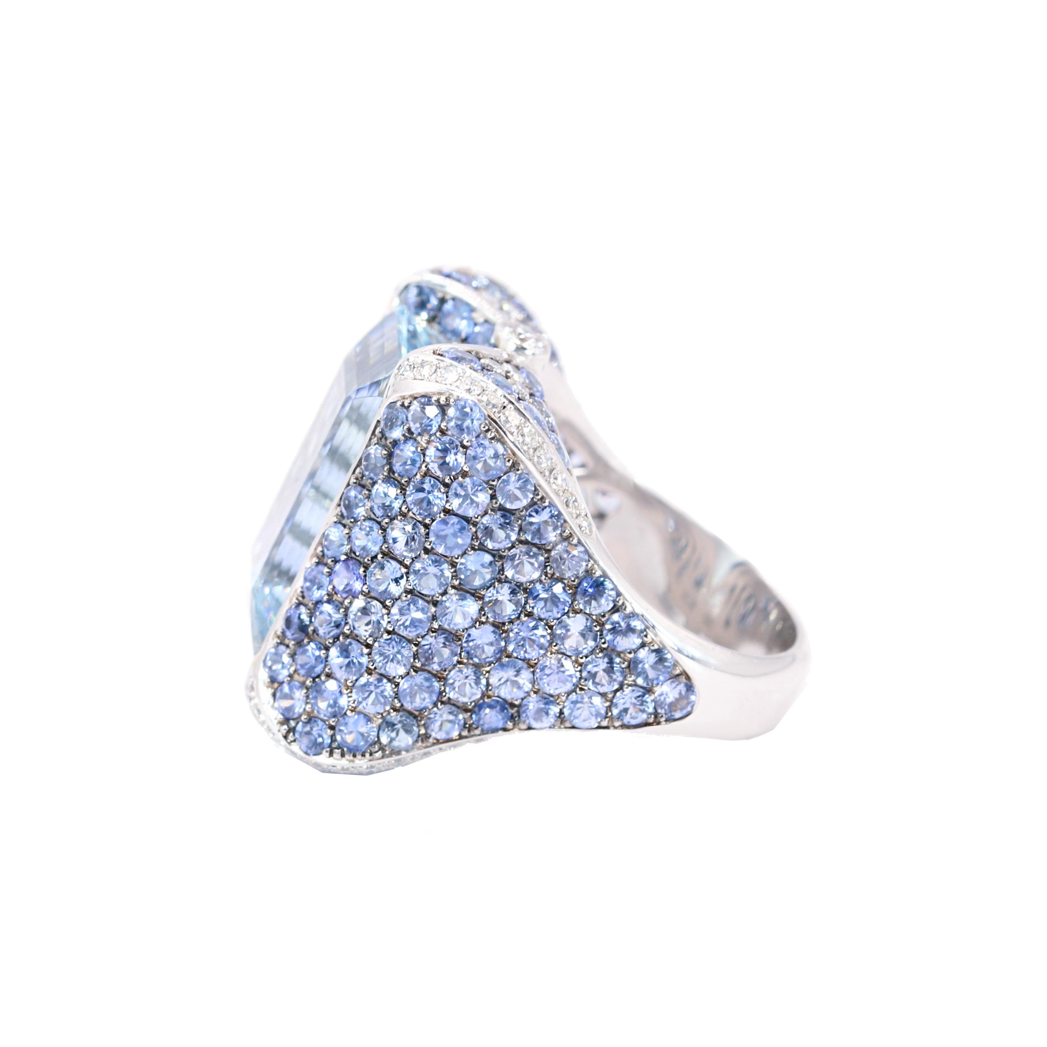 Contemporary Georgios Collections 18 Karat White Gold Aquamarine, Sapphires and Diamonds Ring For Sale