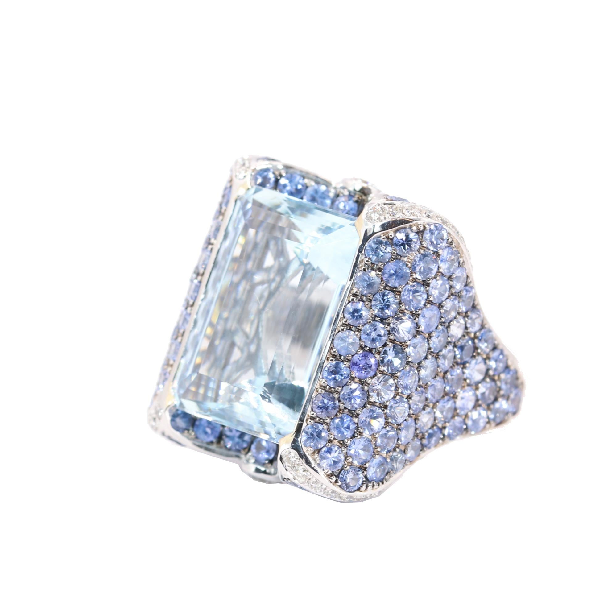 Georgios Collections 18 Karat White Gold Aquamarine, Sapphires and Diamonds Ring In New Condition For Sale In Astoria, NY