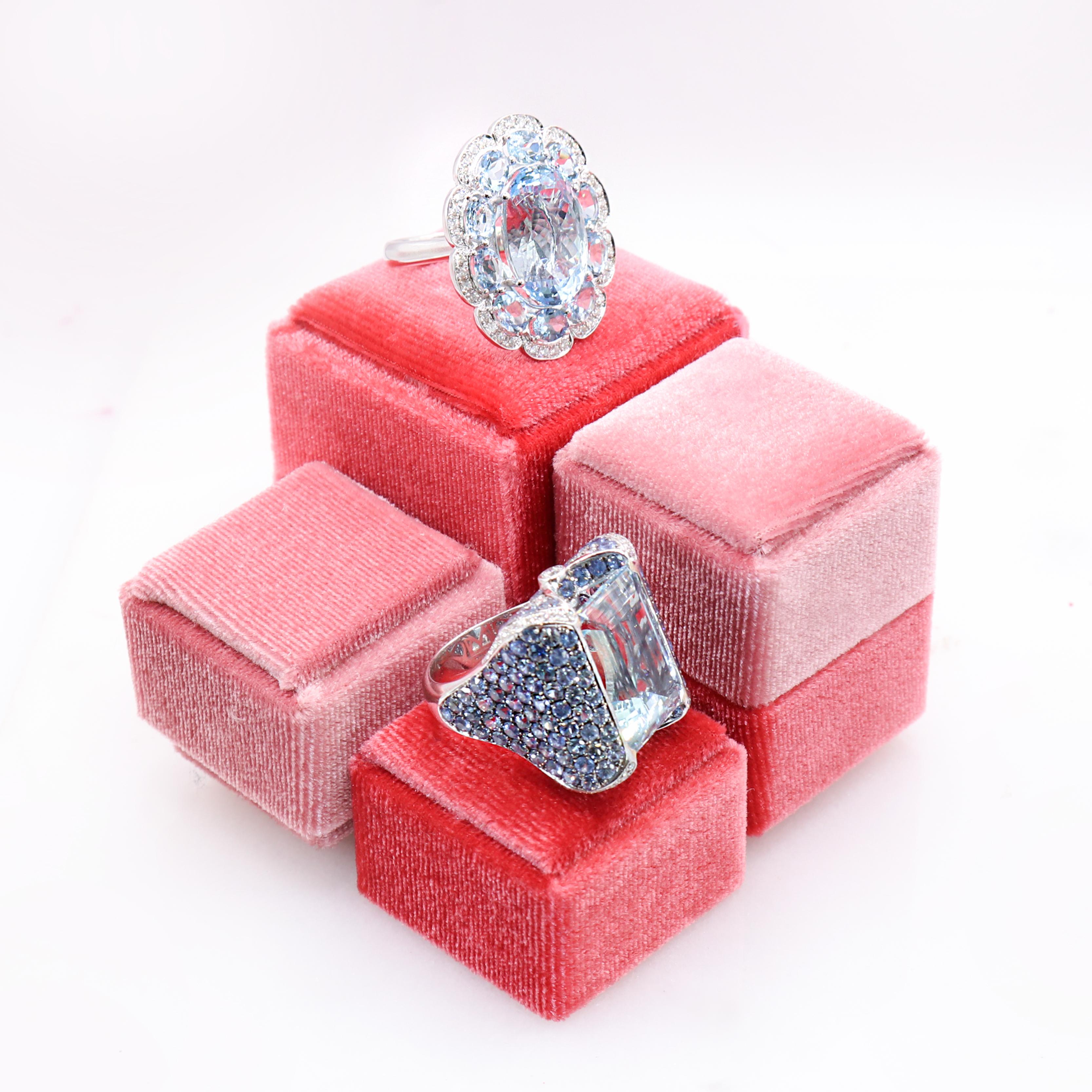 Women's Georgios Collections 18 Karat White Gold Aquamarine, Sapphires and Diamonds Ring For Sale
