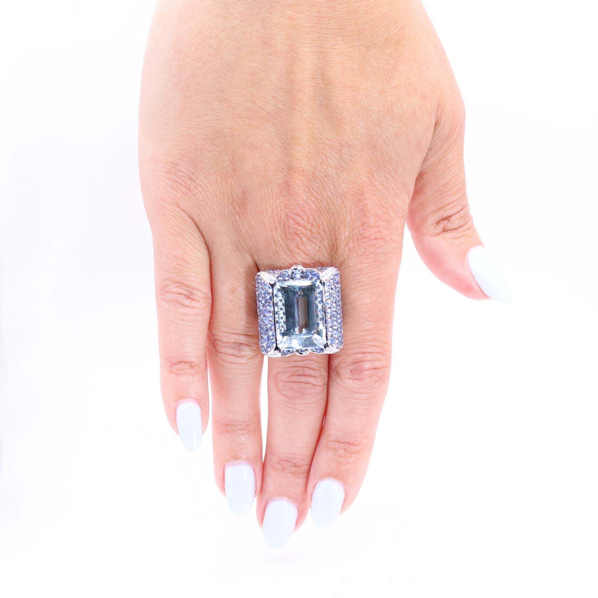 Georgios Collections 18 Karat White Gold Aquamarine, Sapphires and Diamonds Ring For Sale 3