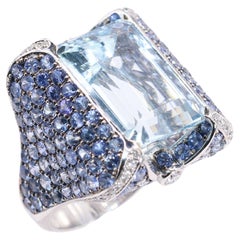 Georgios Collections 18 Karat White Gold Aquamarine, Sapphires and Diamonds Ring