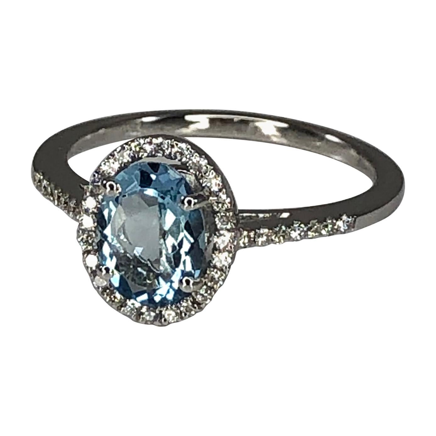 Georgios Collections 18 Karat White Gold Aquamarine Solitaire Ring with Diamonds For Sale