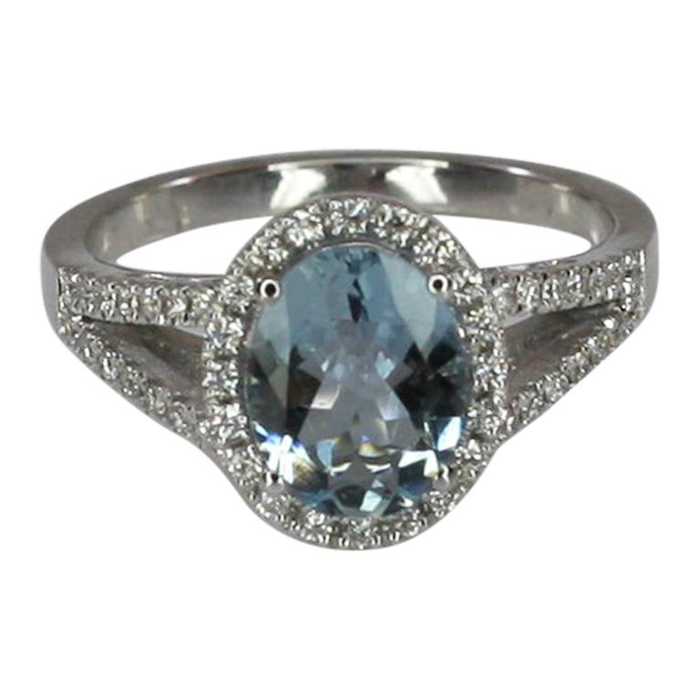 Georgios Collections 18 Karat White Gold Aquamarine Solitaire Ring with Diamonds For Sale