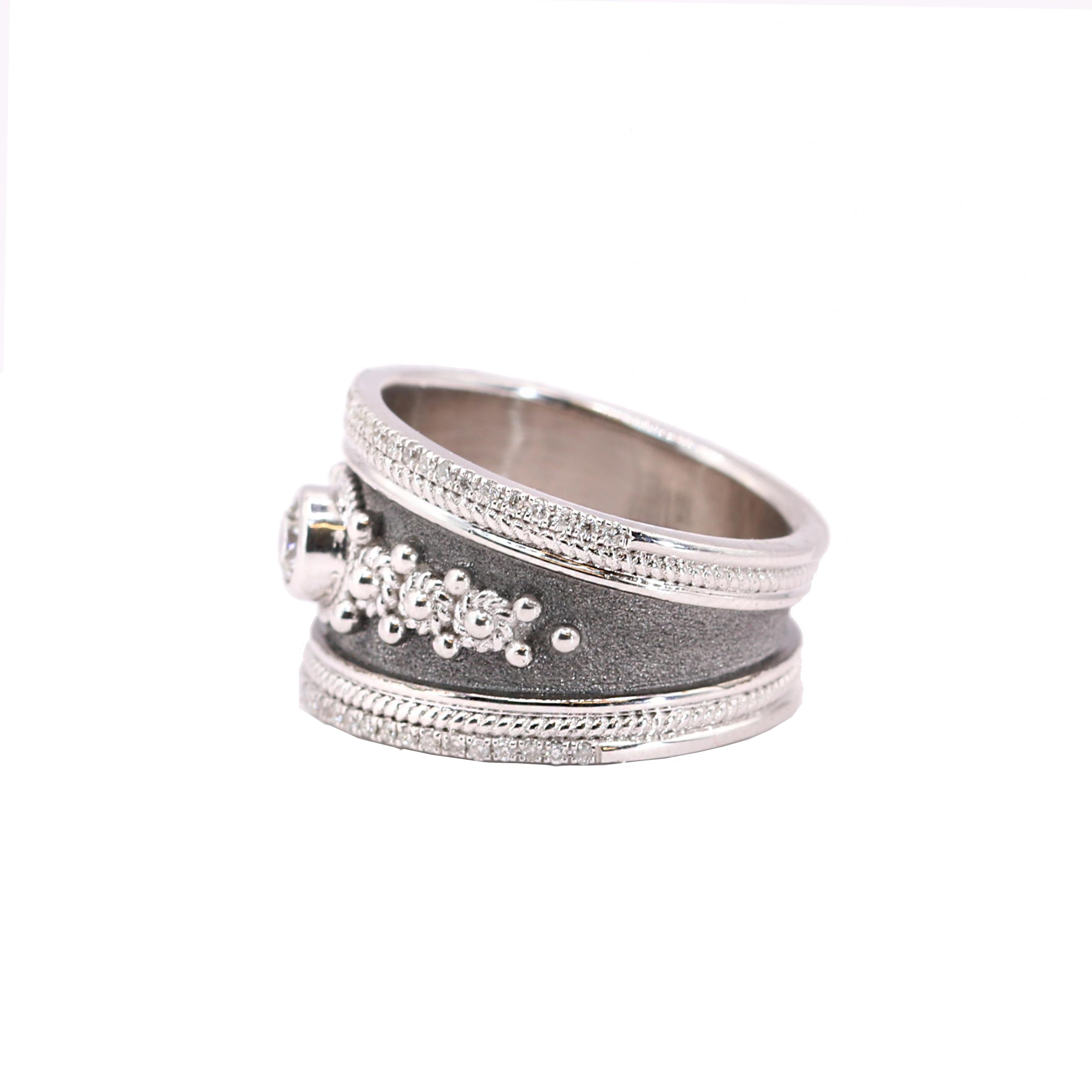 Byzantine Georgios Collections 18 Karat White Gold Band Ring with Diamonds & Black Rhodium For Sale