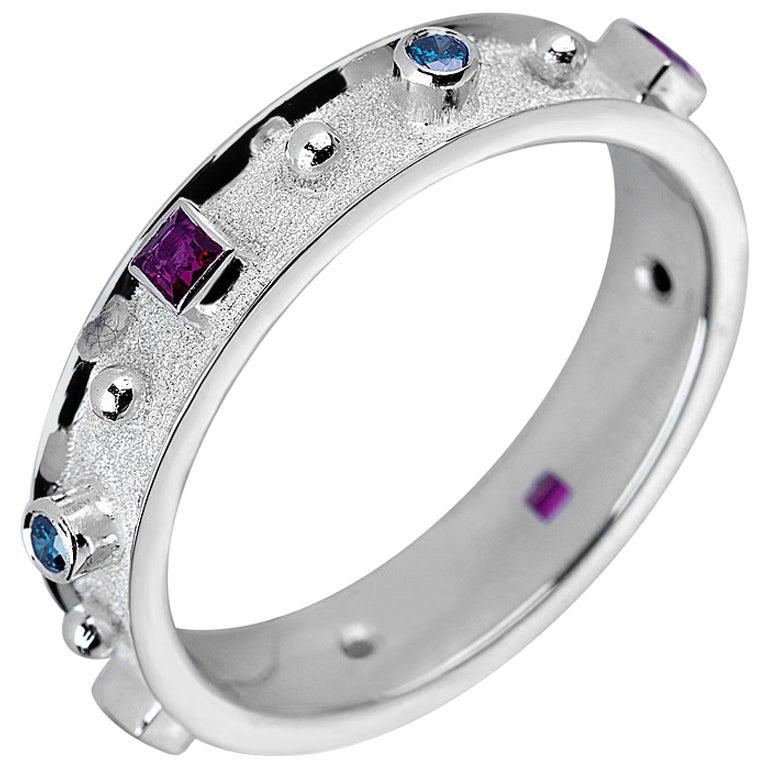 Georgios Collections 18 Karat White Gold Band Ring with Rubies and Blue Diamonds For Sale