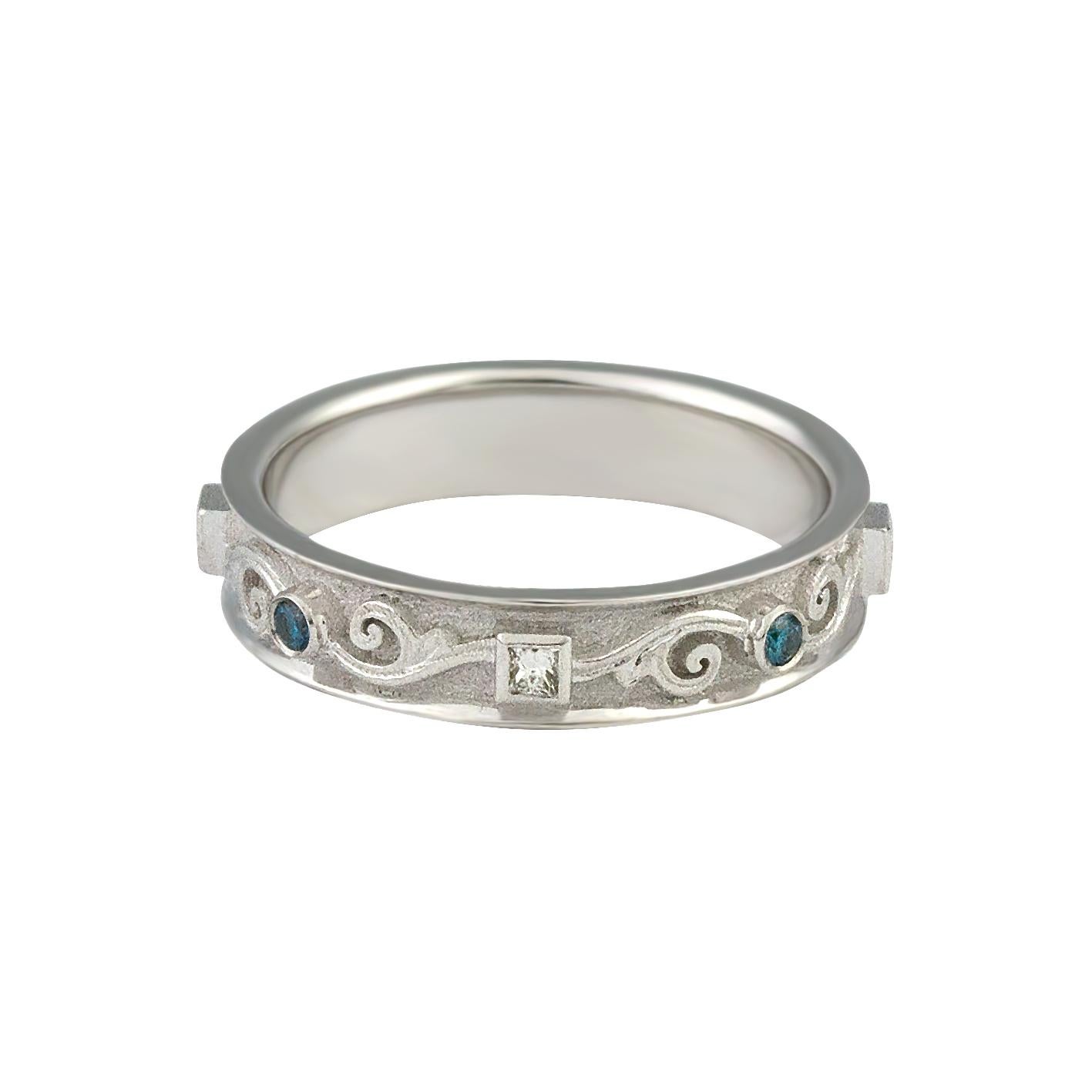 Georgios Collections 18 Karat White Gold Blue and White Diamond Thin Band Ring In New Condition For Sale In Astoria, NY