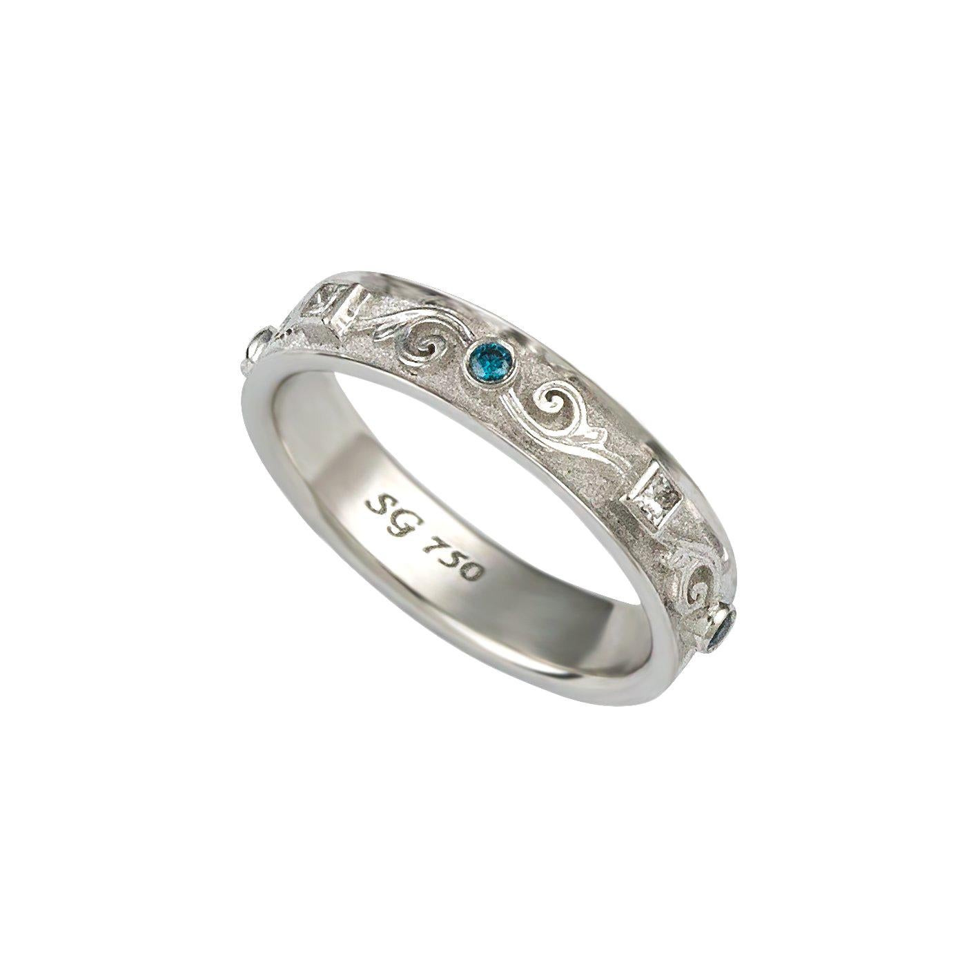 Georgios Collections Anillo fino de oro blanco de 18 quilates con diamantes azules y blancos