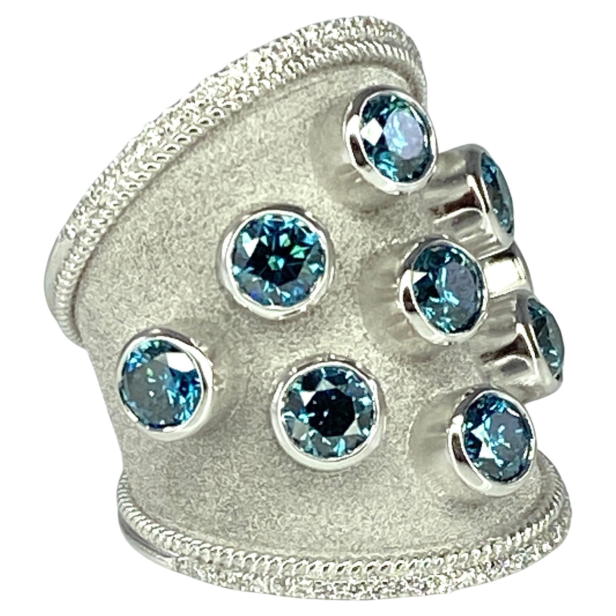 Women's Georgios Collections 18 Karat White Gold Blue and White Diamond Wide Band Ring For Sale