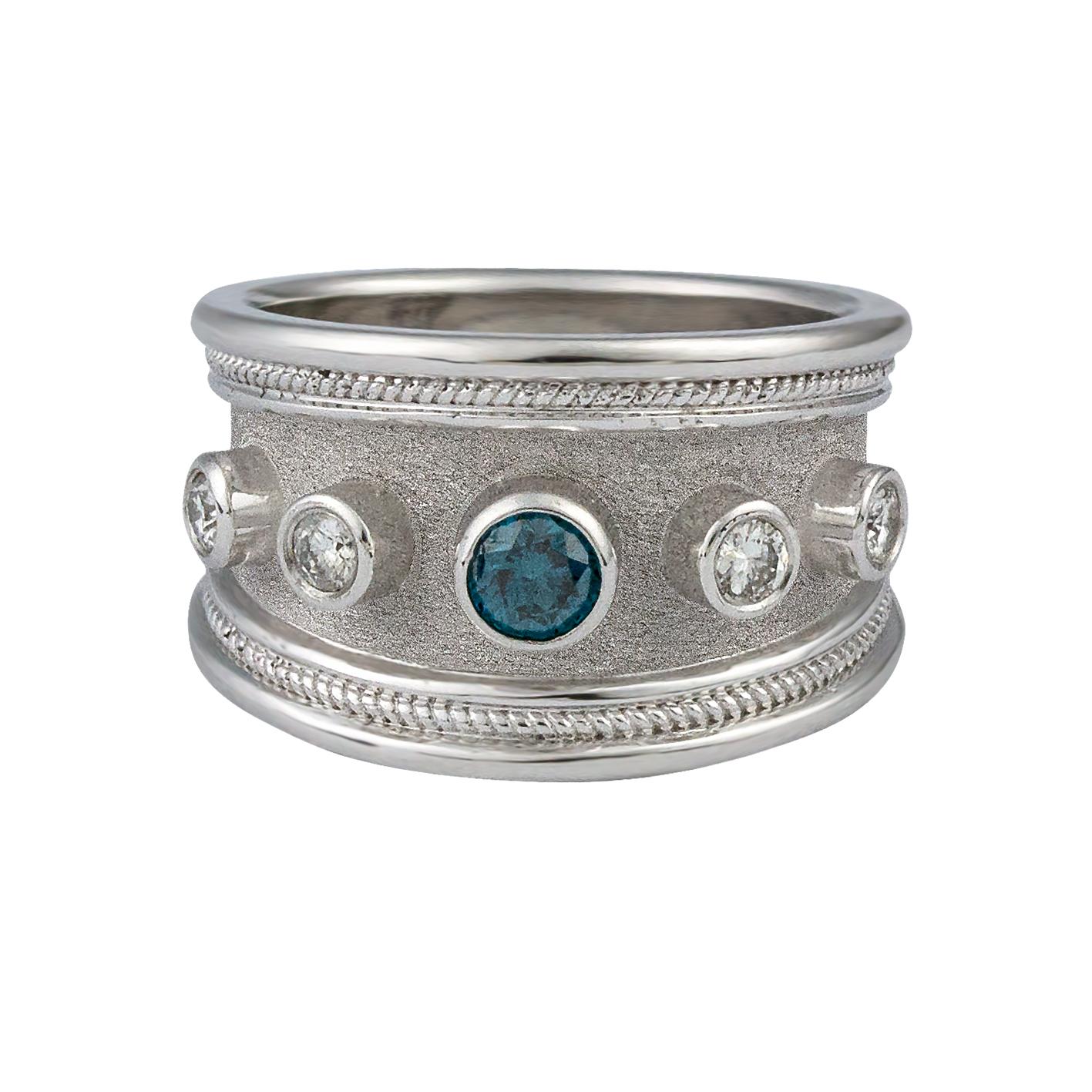 Byzantine Georgios Collections 18 Karat White Gold Blue Center and White Diamond Band Ring For Sale