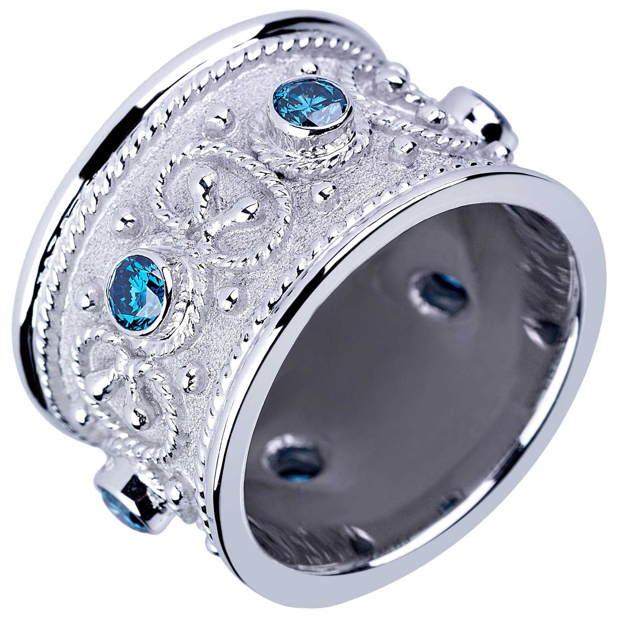 Georgios Collections 18 Karat White Gold Blue Diamond Unisex Wide Band Ring