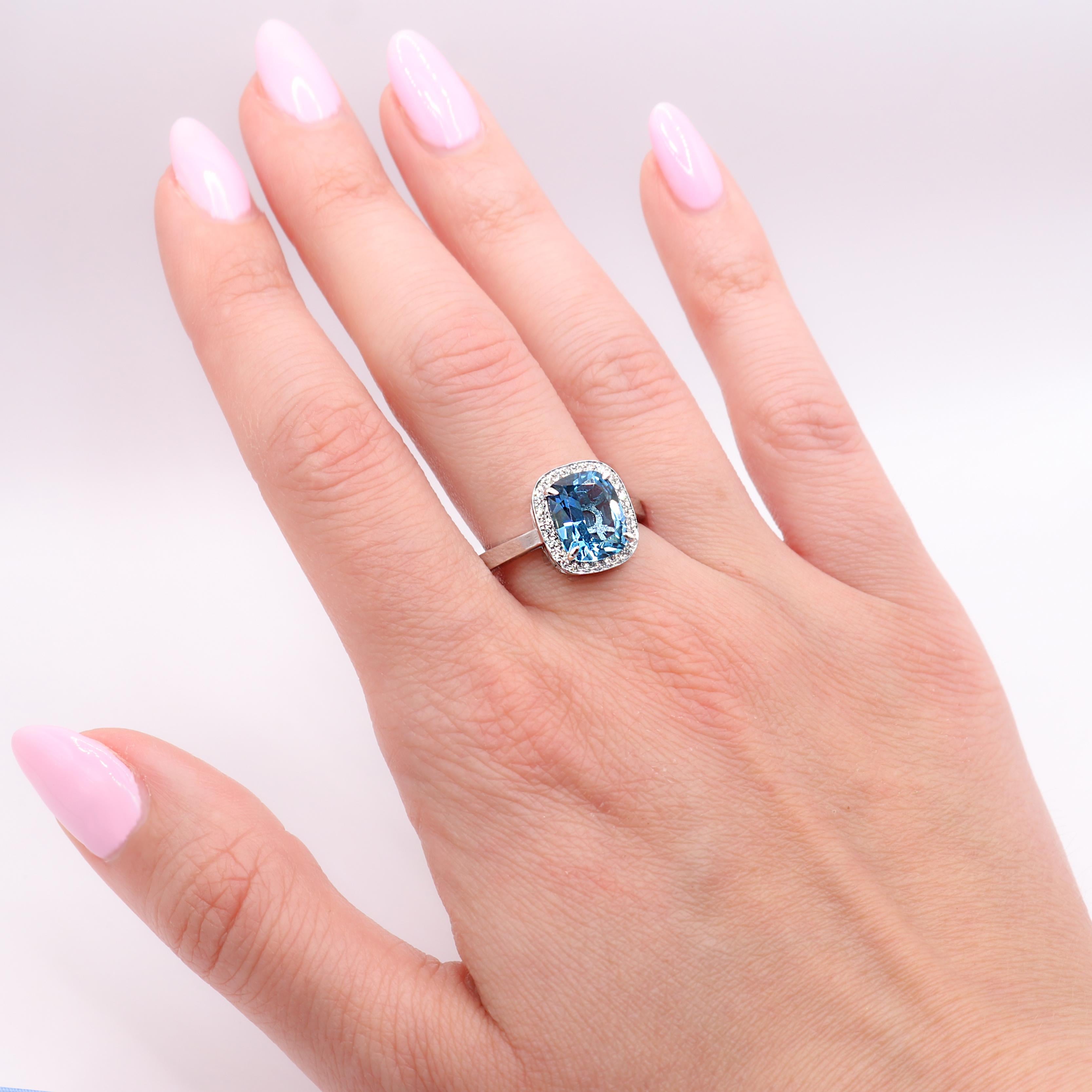 Georgios Collections 18 Karat White Gold Blue Topaz Ring with Diamond Bezel For Sale 4