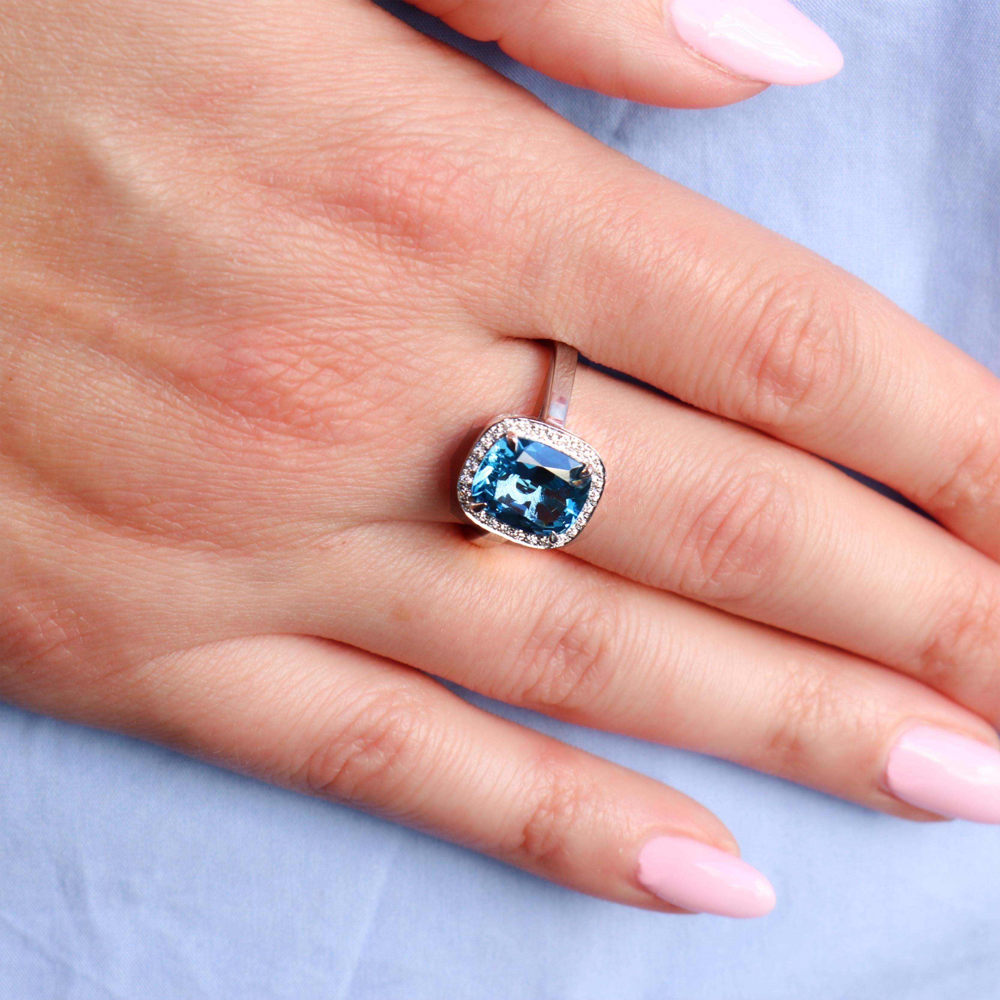 Georgios Collections 18 Karat White Gold Blue Topaz Ring with Diamond Bezel For Sale 6