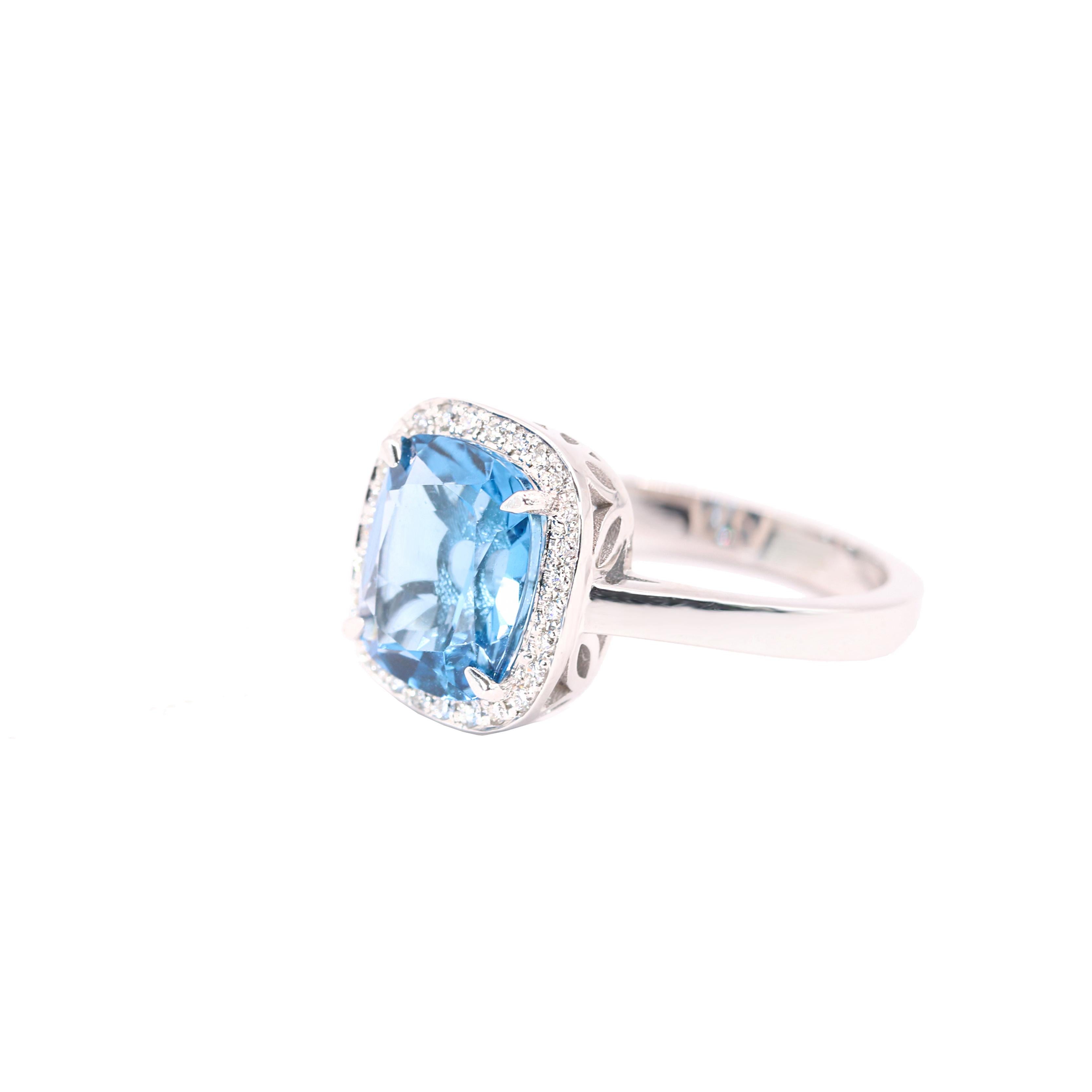 Georgios Collections 18 Karat White Gold Blue Topaz Ring with Diamond Bezel In New Condition For Sale In Astoria, NY