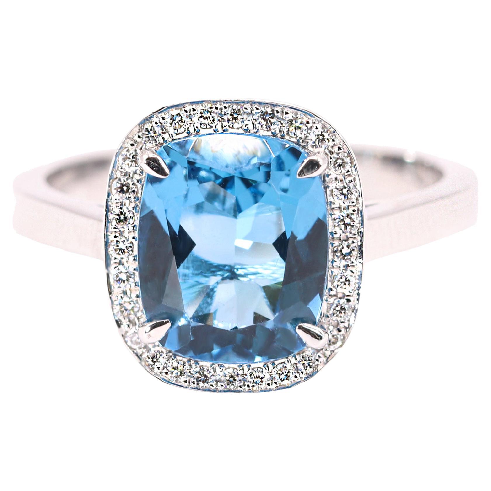 Georgios Collections 18 Karat White Gold Blue Topaz Ring with Diamond Bezel For Sale