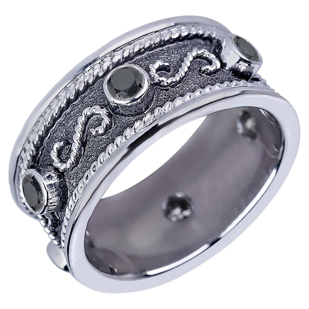 Collections Georgios or blanc 18 carats  Bague à anneau byzantine en diamants noirs en vente