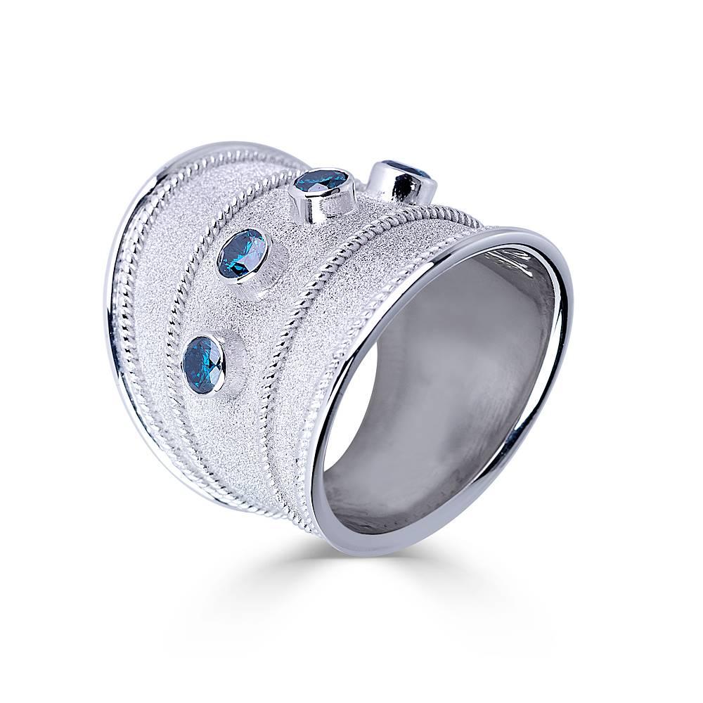 Byzantine Georgios Collections 18 Karat White Gold Granulated Band Ring with Blue Diamonds For Sale