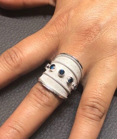 Georgios Collections 18 Karat White Gold Granulated Band Ring with Blue Diamonds