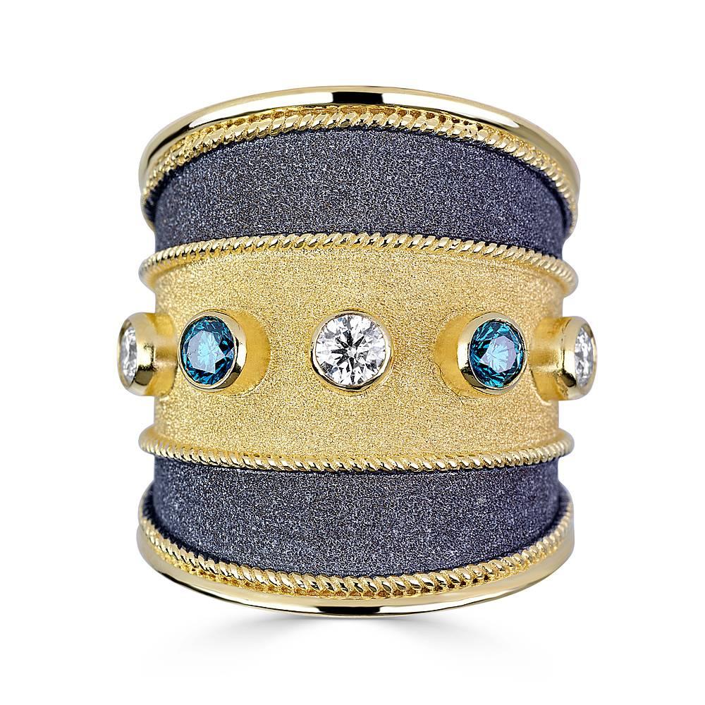 Georgios Collections Granulierter Ring aus 18 Karat Weißgold mit blauen Diamanten im Angebot 1