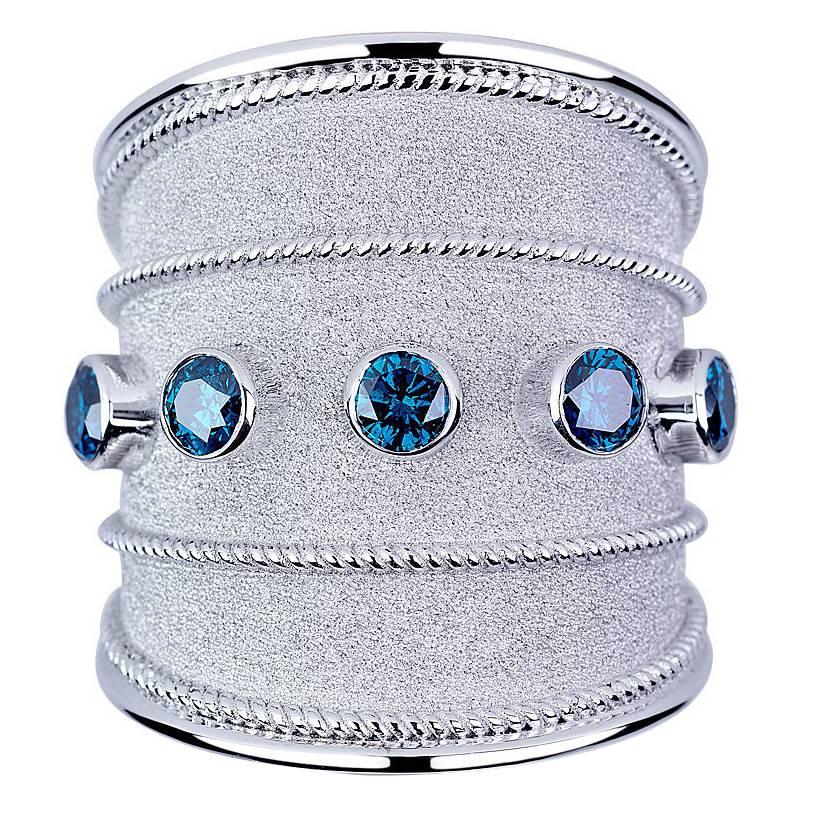 Georgios Collections 18 Karat White Gold Granulated Band Ring with Blue Diamonds