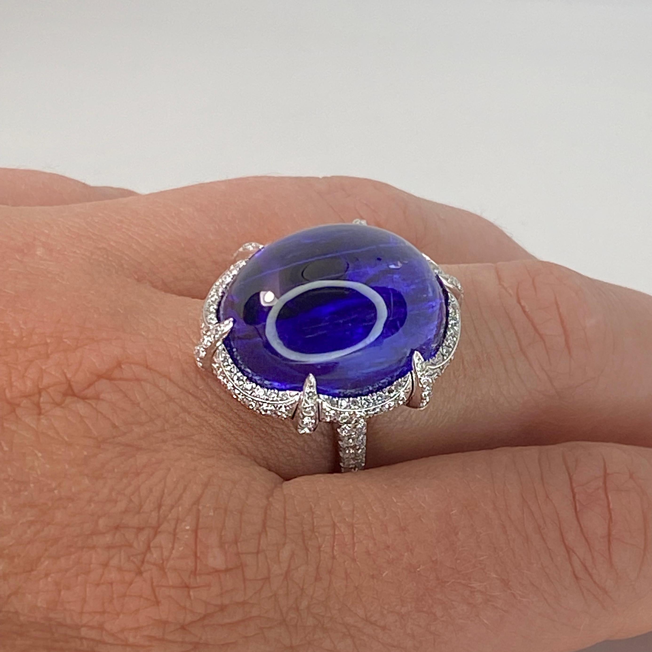 Georgios Collections 18 Karat White Gold Cabochon Tanzanite Diamond Band Ring In New Condition For Sale In Astoria, NY