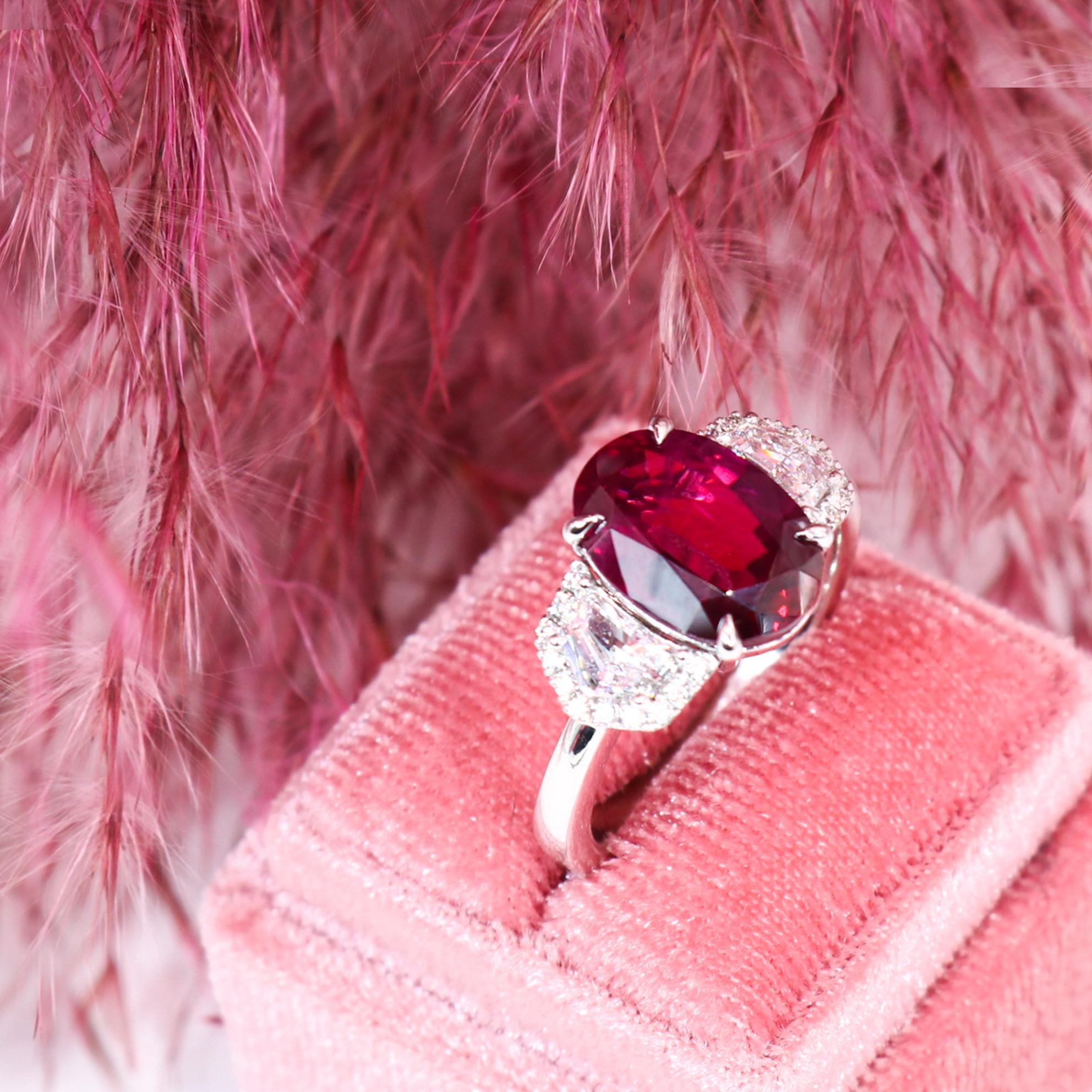 Georgios Collections 18 Karat White Gold Cadillac Diamond Natural Oval Ruby Ring For Sale 2
