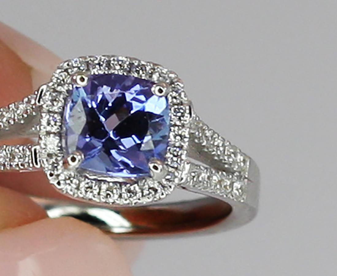 Georgios Collections 18 Karat White Gold Cushion Cut Tanzanite and Diamond Ring For Sale 7