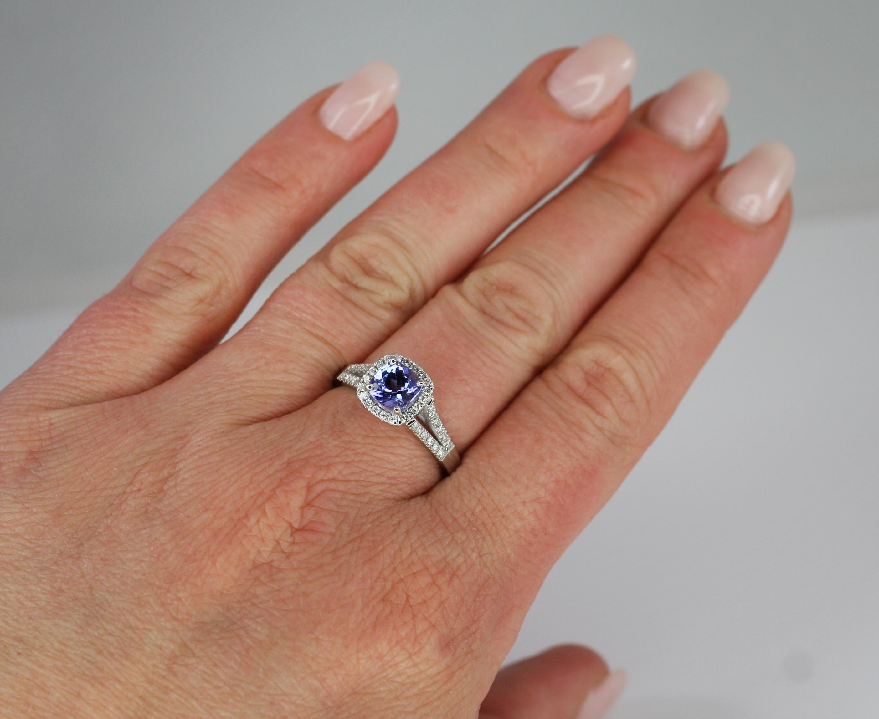 Contemporary Georgios Collections 18 Karat White Gold Cushion Cut Tanzanite and Diamond Ring For Sale