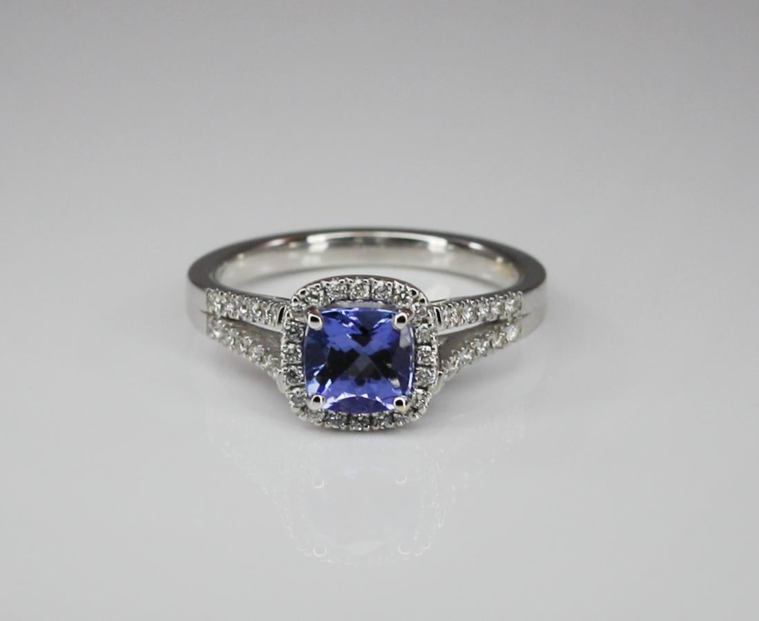 Georgios Collections 18 Karat White Gold Cushion Cut Tanzanite and Diamond Ring For Sale 4