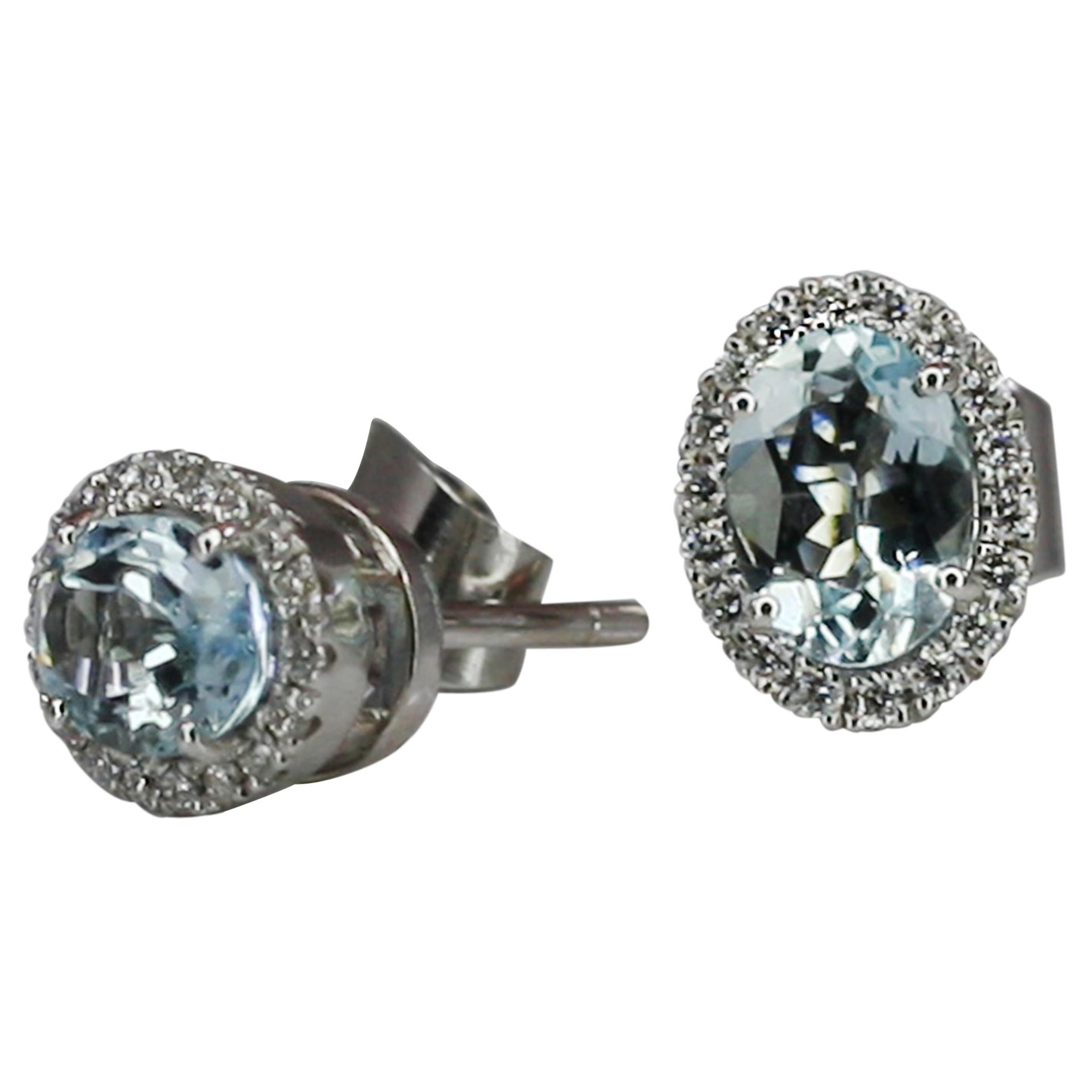 Georgios Collections 18 Karat White Gold Diamond and Aquamarine Stud Earrings For Sale