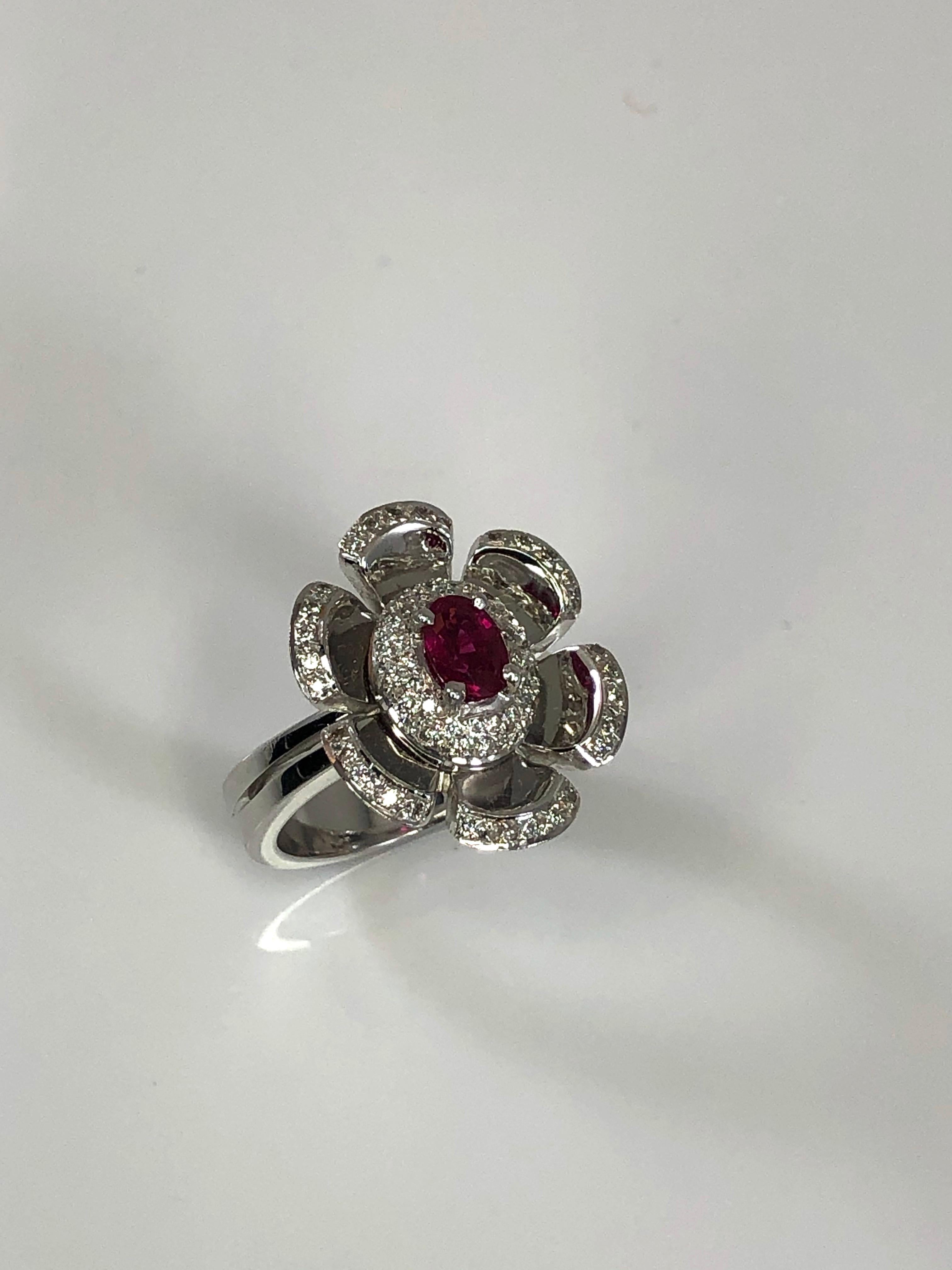 Georgios Collections 18 Karat White Gold Diamond and Ruby Floral Petal Band Ring For Sale 6
