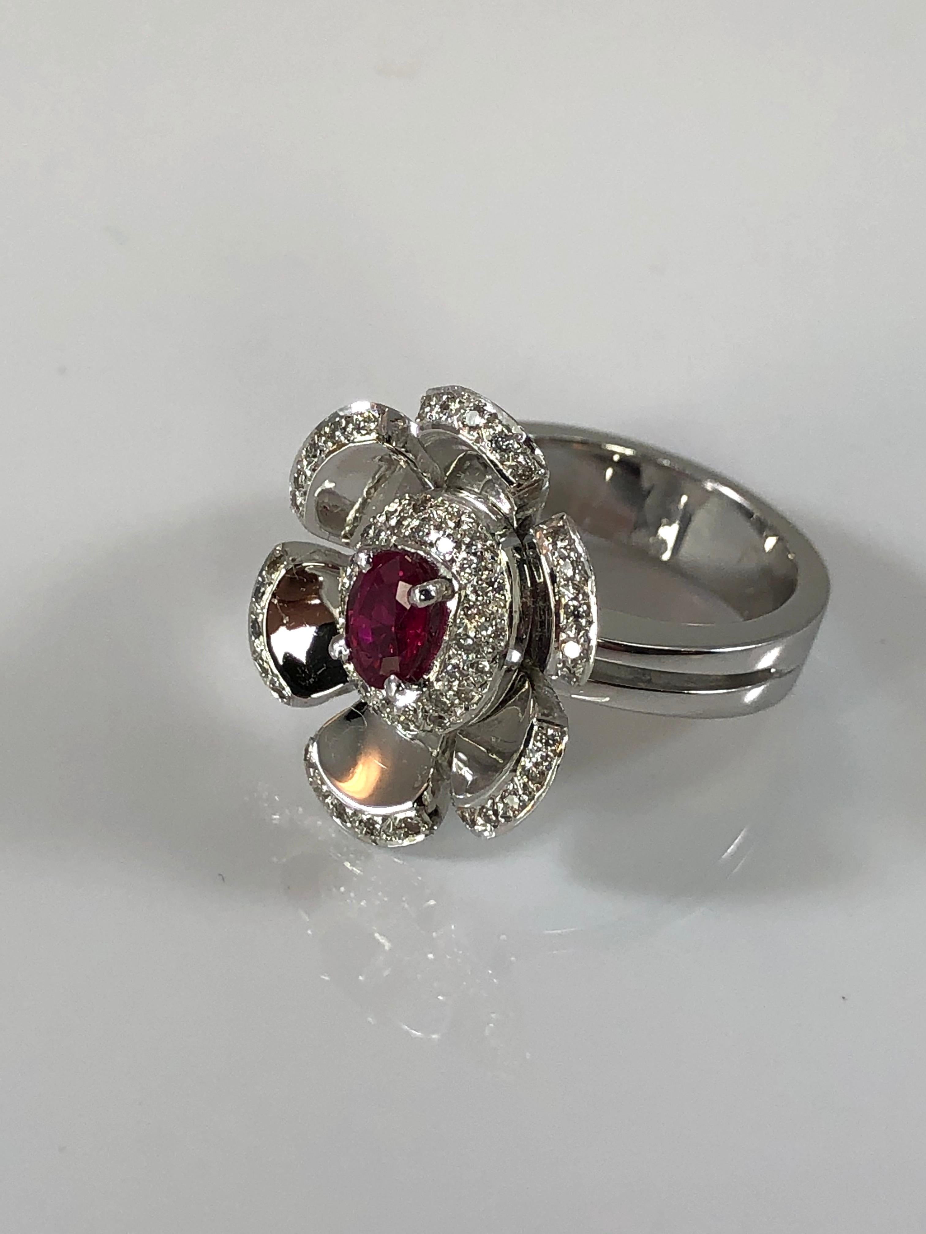 Contemporary Georgios Collections 18 Karat White Gold Diamond and Ruby Floral Petal Band Ring For Sale