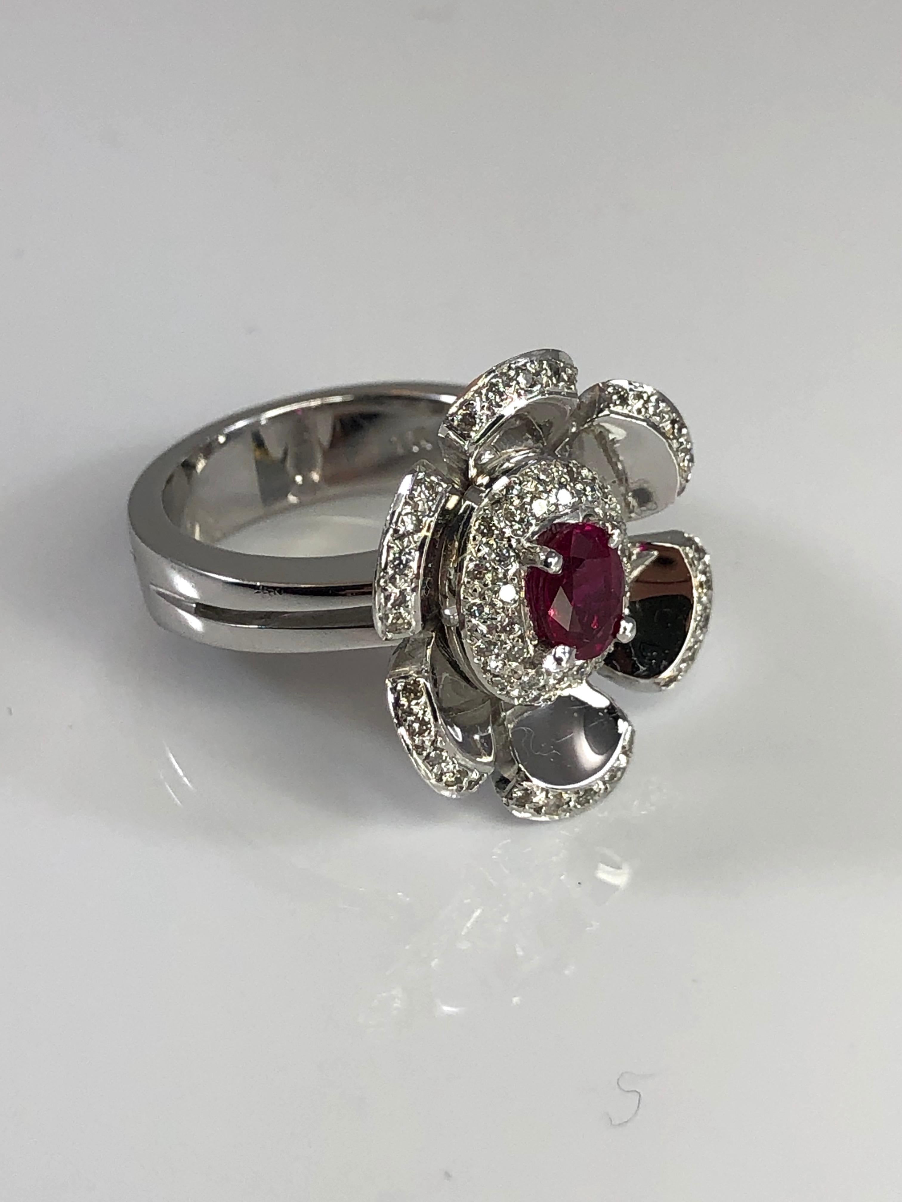 Georgios Collections 18 Karat White Gold Diamond and Ruby Floral Petal Band Ring For Sale 2