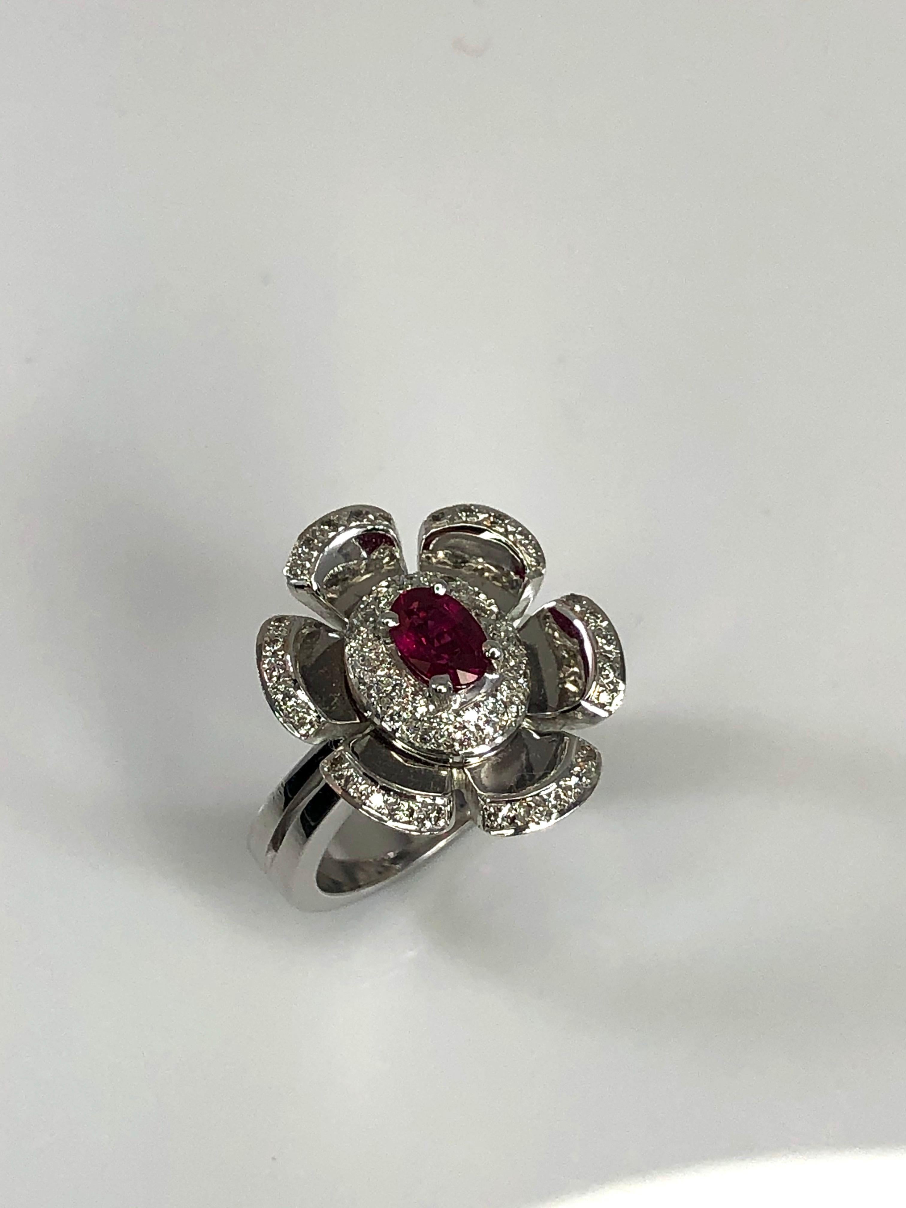 Georgios Collections 18 Karat White Gold Diamond and Ruby Floral Petal Band Ring For Sale 3