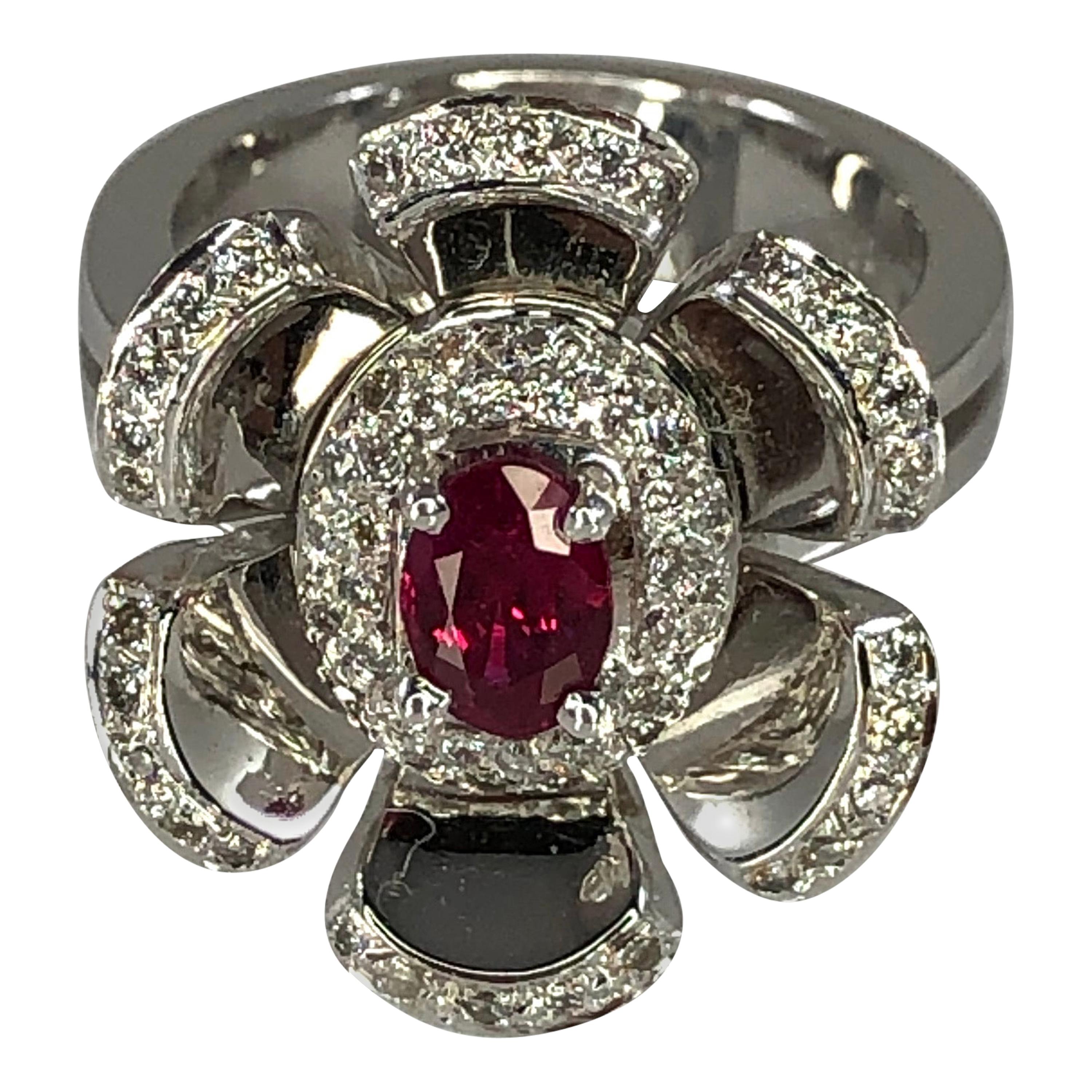 Georgios Collections 18 Karat White Gold Diamond and Ruby Floral Petal Band Ring For Sale