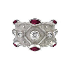 Georgios Collections 18 Karat White Gold Diamond Ruby Granulation Wide Band Ring
