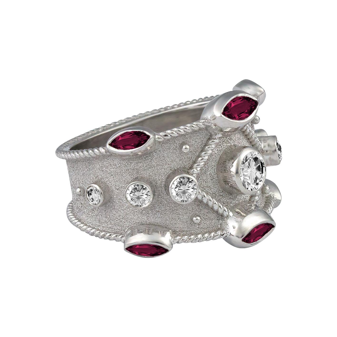 Byzantine Georgios Collections 18 Karat White Gold Diamond Ruby Granulation Wide Band Ring For Sale