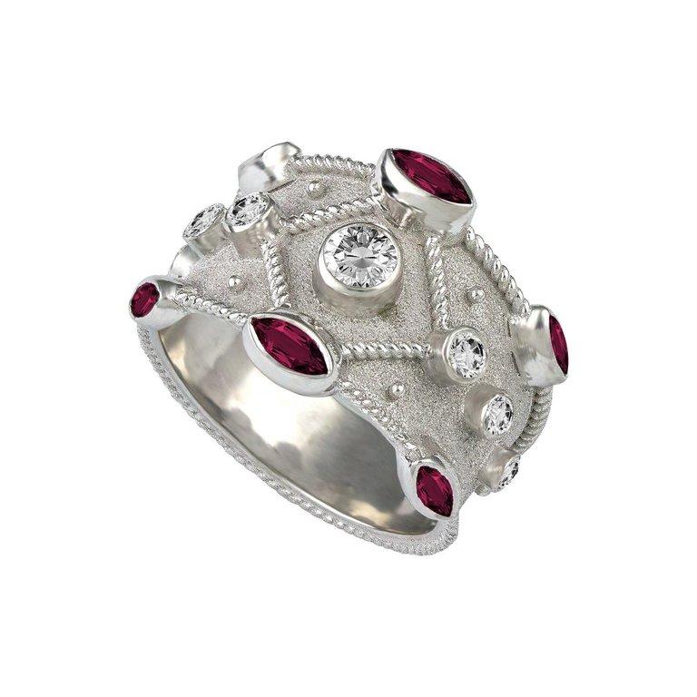 Georgios Collections 18 Karat White Gold Diamond Ruby Granulation Wide Band Ring In New Condition For Sale In Astoria, NY