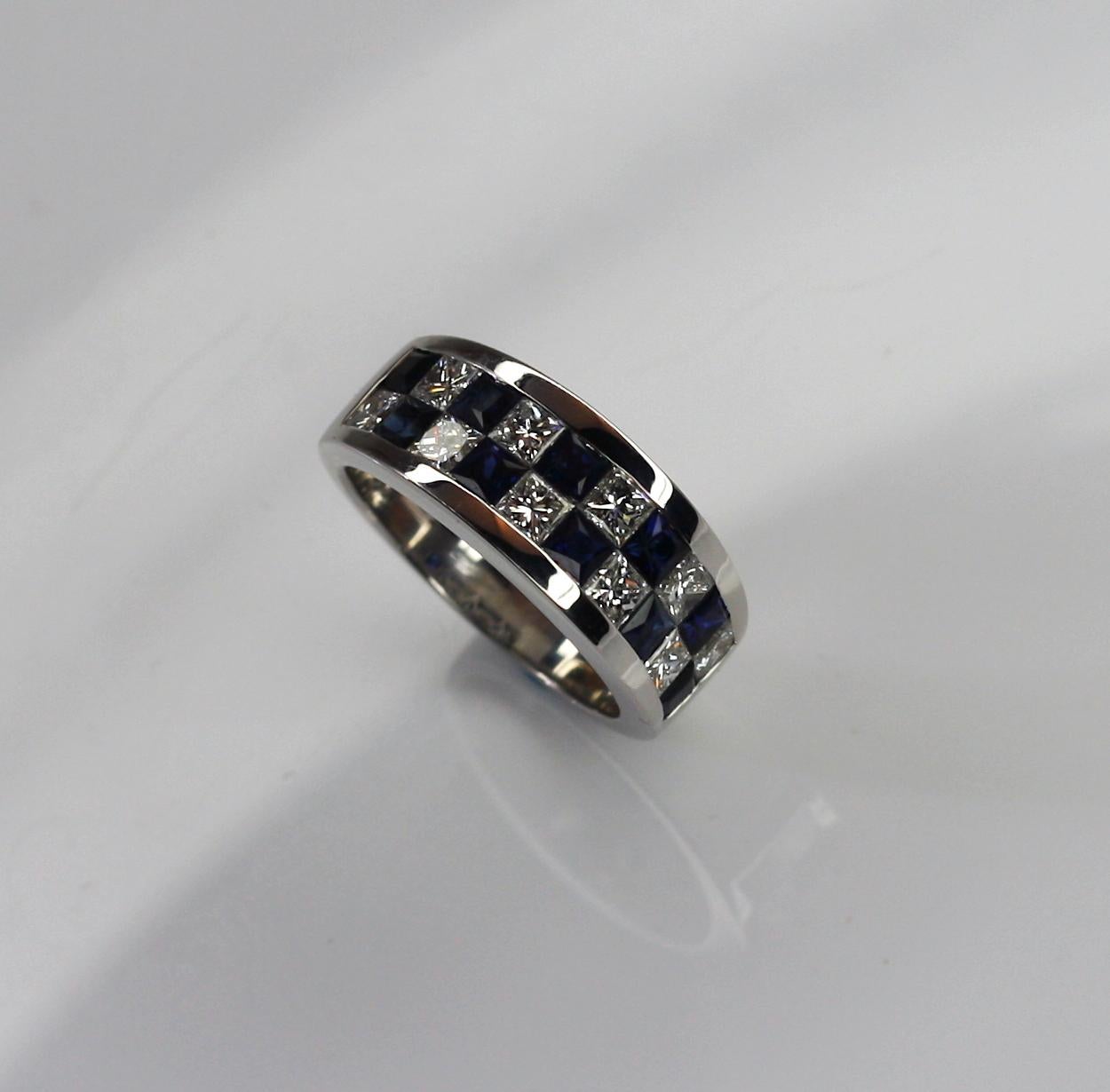 Georgios Collections 18 Karat White Gold Princess Cut Diamond Blue Sapphire Ring For Sale 2