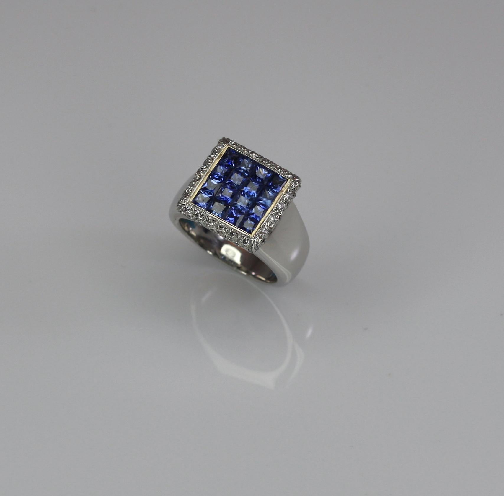 Contemporary Georgios Collections 18 Karat White Gold Princess Cut Sapphires and Diamond Ring For Sale