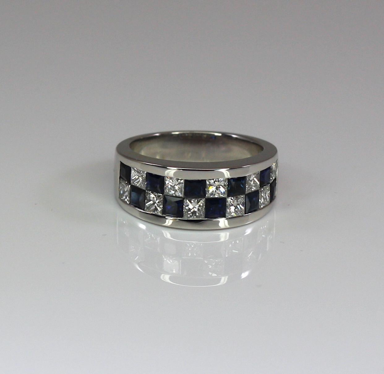 Women's or Men's Georgios Collections 18 Karat White Gold Princess Cut Diamond Blue Sapphire Ring For Sale